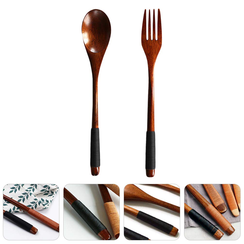 Japanese Wooden Handle Fork and Spoon Set - Eco-Friendly Bamboo Flatware for Everyday Dining, Picnics, Camping & Travel - Portable Wooden Cutlery for Home, Office & Outdoor Use