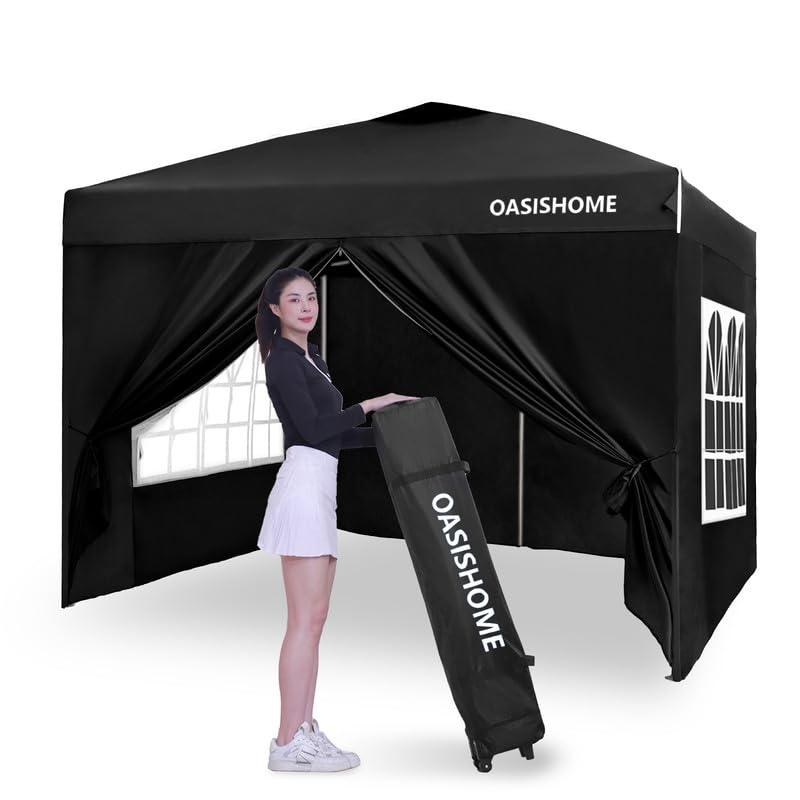 OASISHOME 10'x10' Pop-up Gazebo Instant Portable Canopy Tent with 4 Sidewalls & Windows - Wheeled Carry Bag - Perfect for Patio, Backyard, Wedding, Camping & Outdoor Events (10FTx10FT, Black)