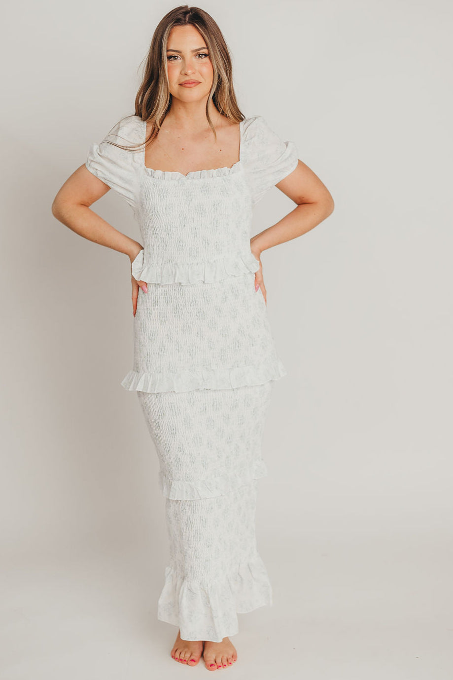 Ada Smocked Dress in Blue Floral - Bump Friendly Maternity Dress with Inclusive Sizing (S-3XL) | Perfect for Baby Showers, Bridal Events & Summer Weddings