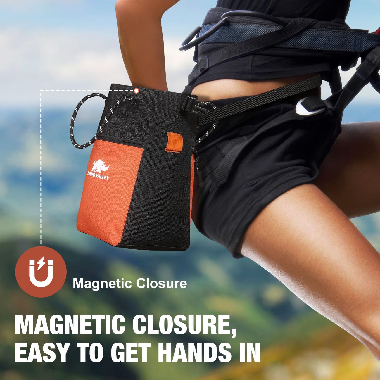 Rhino Valley No Leak Magnetic Chalk Bag for Rock Climbing & Weightlifting - Adjustable Belt, Zipper Pockets & Handle - Perfect for CrossFit, Bouldering & Gym Training