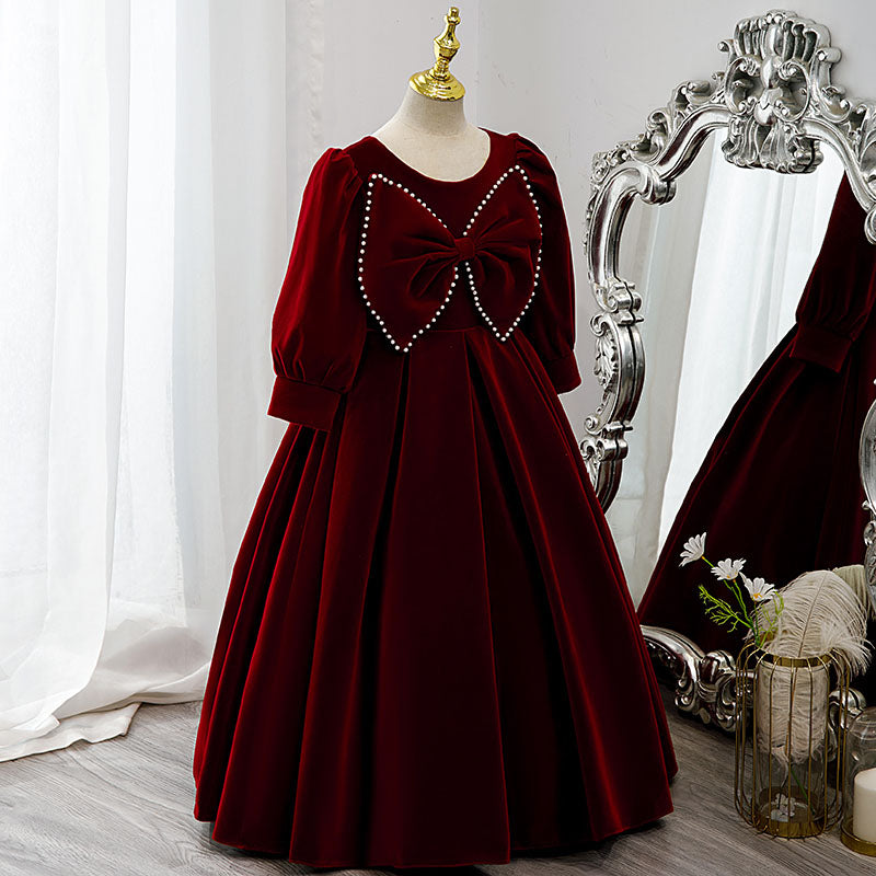 Burgundy Velvet Flower Girl Dress with Beaded Bow Sleeves - Elegant Formal Wear for Weddings, Parties & Special Occasions