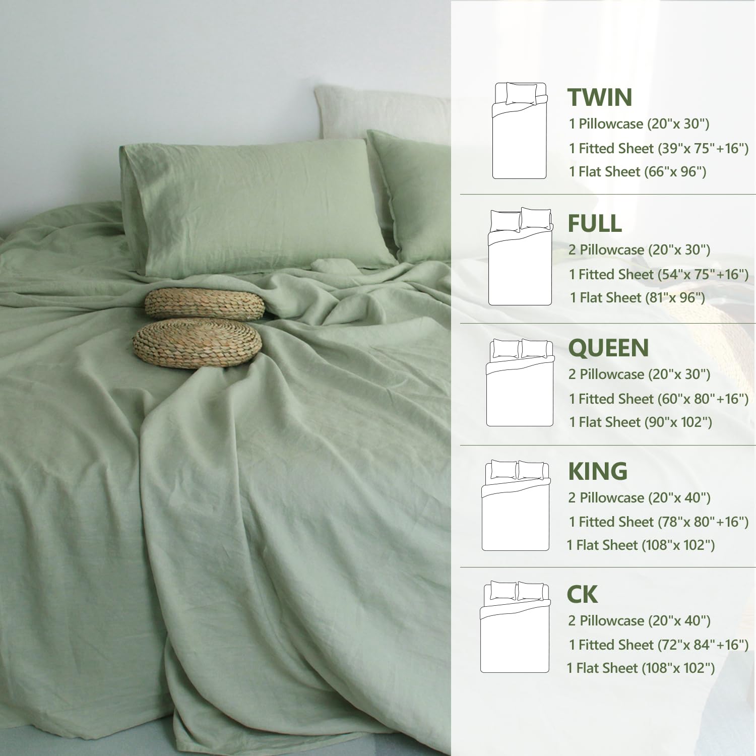100% Organic French Natural Linen Bed Sheets Set - Stone Washed 3-Piece Ultra Soft & Breathable Luxury Bedding (Light Green, Twin Size) | Eco-Friendly Home Decor for Master Bedroom, Guest Room & Vacation Homes