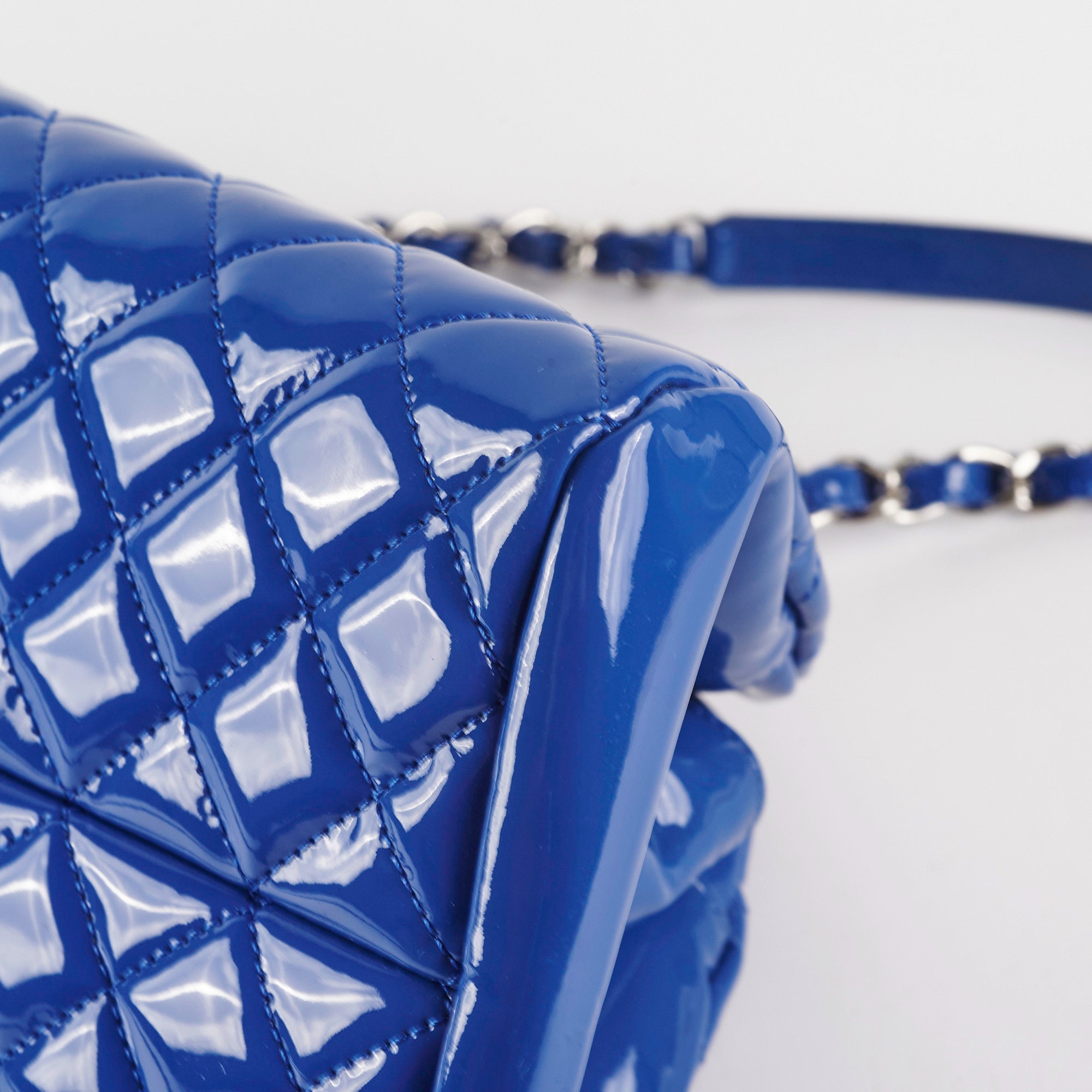 Chanel Just Mademoiselle Patent Leather Blue Bowler Handbag for Women | Luxury Designer Crossbody Purse for Evening Parties & Special Occasions