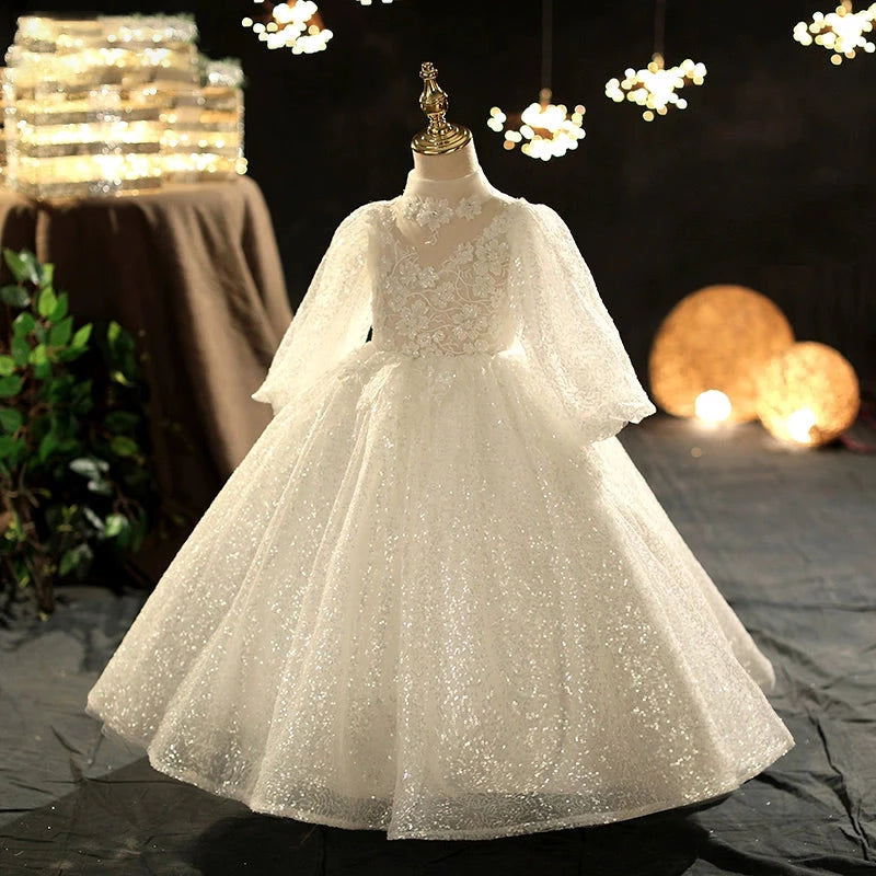 Elegant White Princess Mock Neck Floor-Length Organza Flower Girl Dress for Weddings & Special Occasions