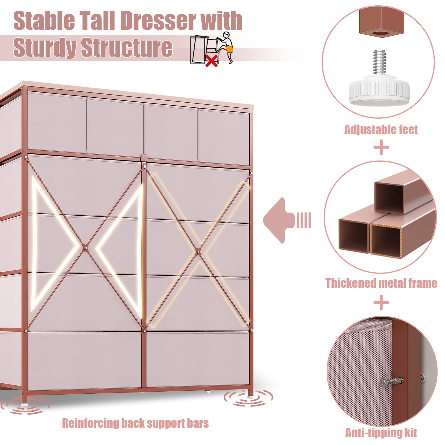 Pink Dresser for Girls Bedroom - 12 Drawer Storage Organizer with Sturdy Metal Frame & Wooden Top | Fabric Dresser & Chest for Nursery, Closet Organization | Perfect for Kids Room, Teen Bedroom & Dorm Storage