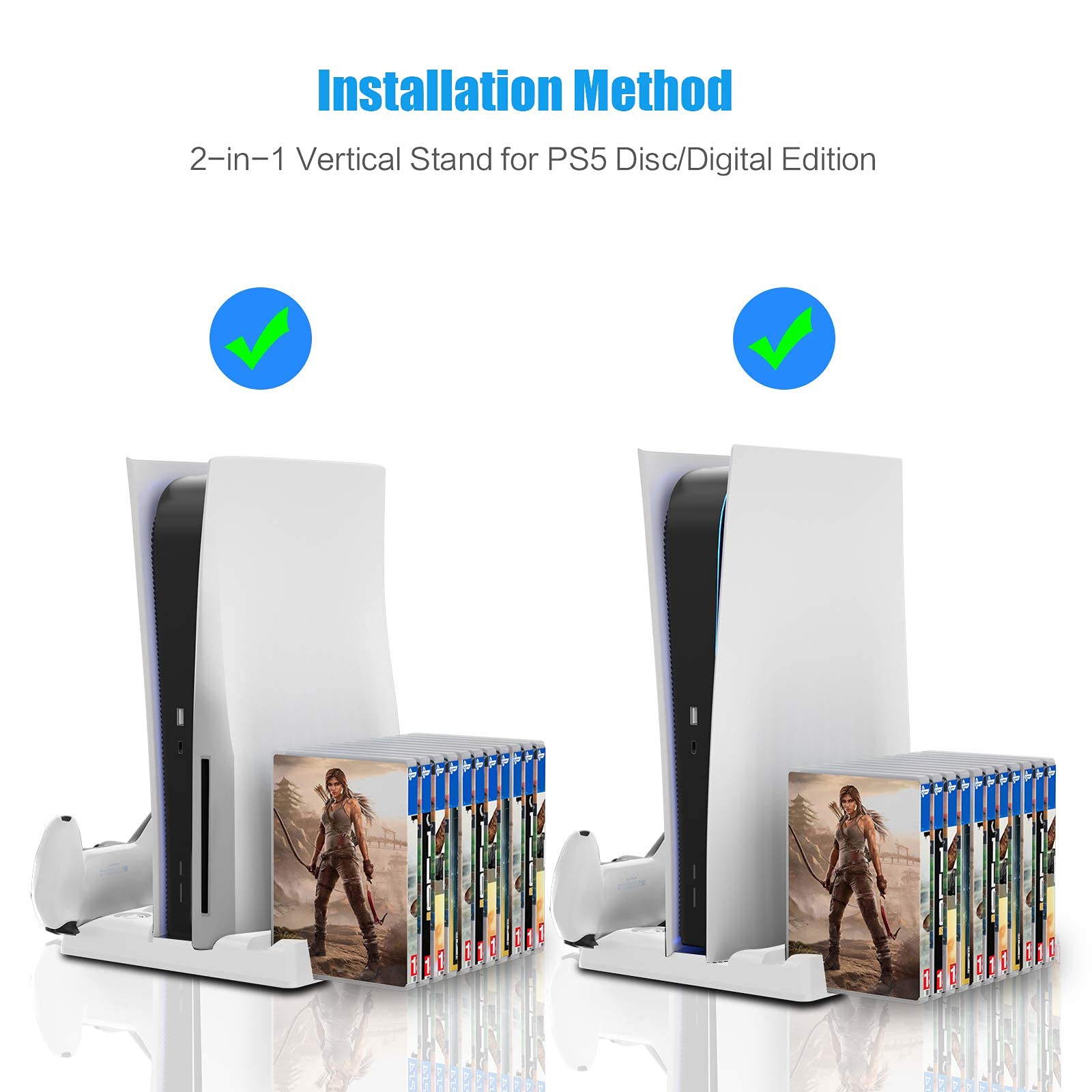 HEATFUN PS5 White Charging Station with Cooling Fans - Fast Charging Dock, 3-Speed Adjustable Cooling, 12-Game Storage Rack - Perfect for PS5 Gaming Setup & Console Organization