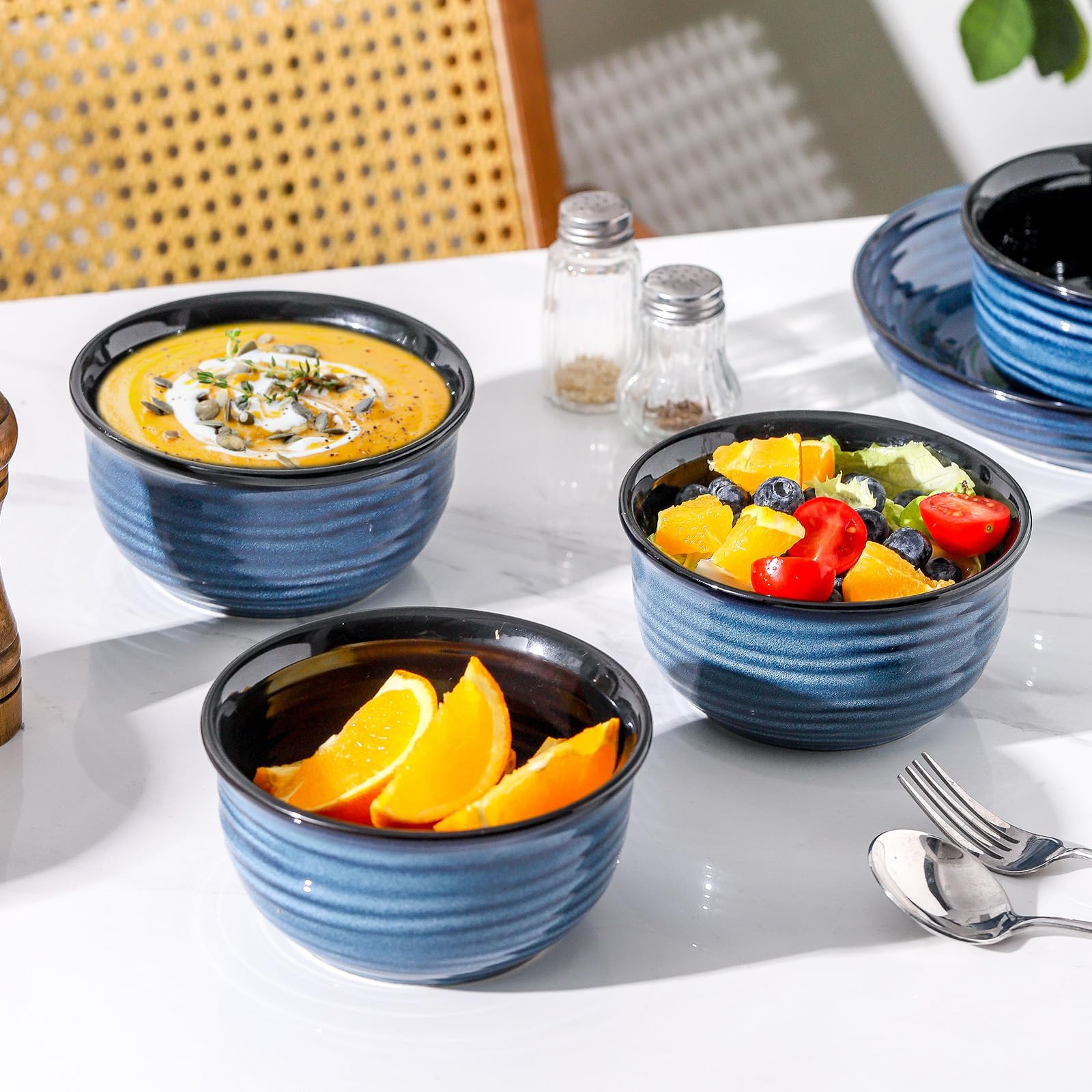 MEKY 20oz Ceramic Soup Bowls - Set of 6 Stackable Microwave & Dishwasher Safe Bowls for Cereal, Pasta, Oatmeal, Rice & Ice Cream - Elegant Durable Kitchenware for Dining, Entertaining & Everyday Use - Blue