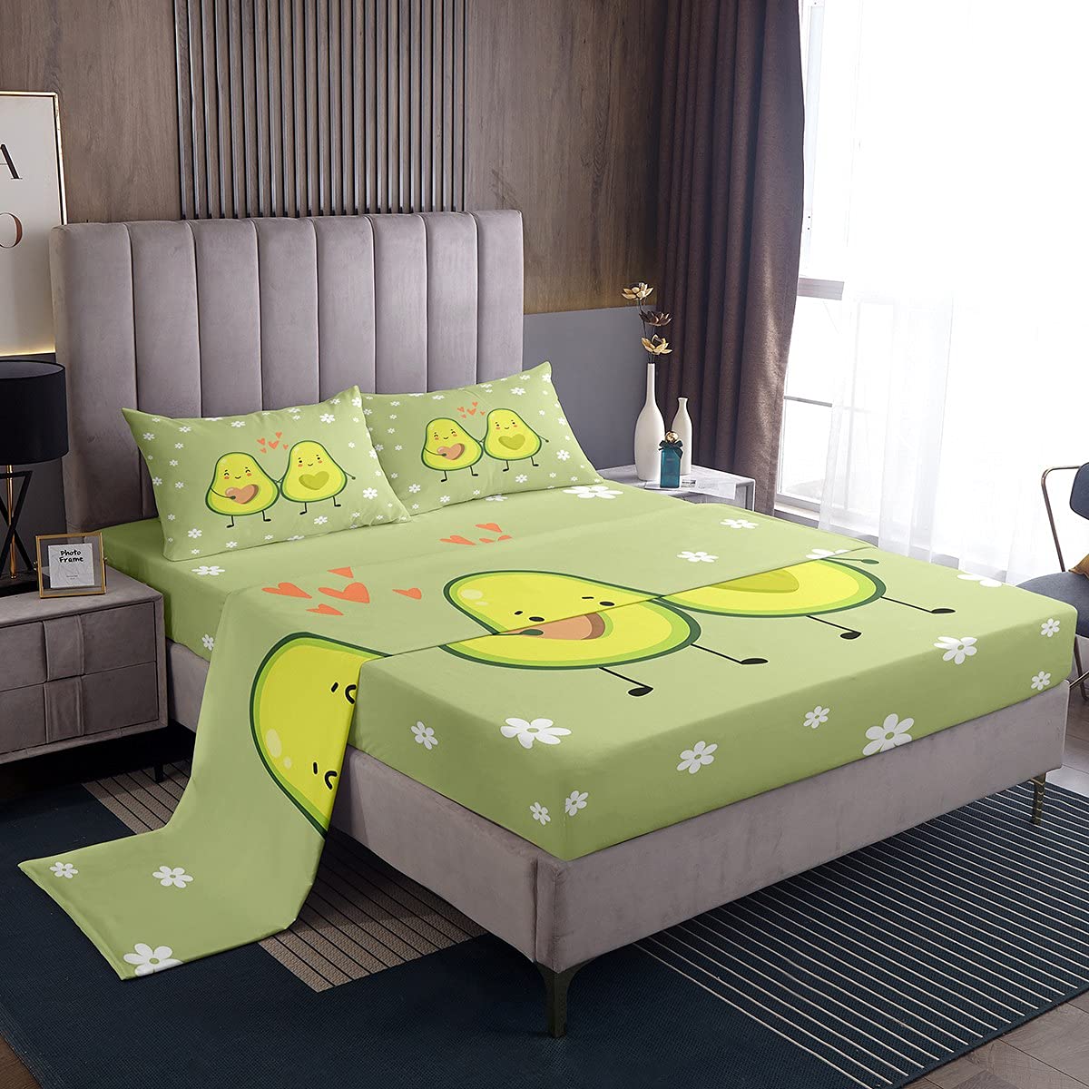 Avocado Bed Sheet Set Full Size - 4Pcs Cute Cartoon Tropical Fruit Microfiber Bedding with Deep Pocket Fitted Sheet, Soft & Breathable Kawaii Floral Design - Perfect for Kids, Teens, Boys & Girls Bedrooms (Light Green) | Great for Summer Nights, Dorm Rooms & Cozy Bedroom Decor