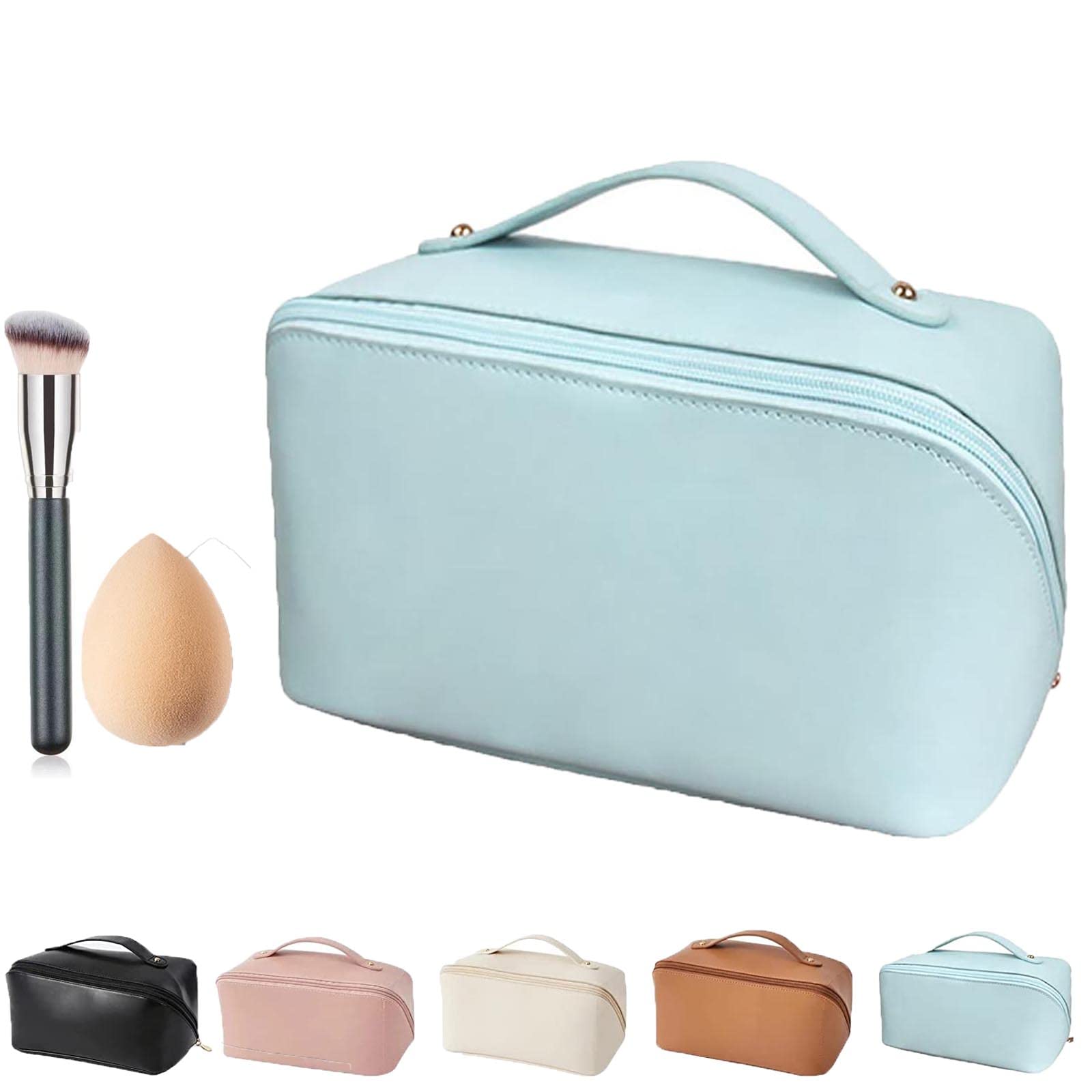 Large Capacity Waterproof Leather Makeup Travel Bag - Portable Cosmetic Organizer with Handle & Divider for Skincare, Toiletries & Cosmetics | Perfect for Vacation, Gym & Daily Use (Blue)