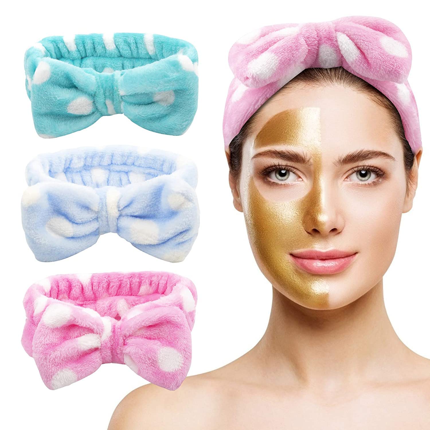 COSLUXE Velvet Makeup Headband for Women & Girls - Soft Elastic Spa Headband for Facial Cleansing, Skincare & Makeup Application - Cute Bow Design, Multicolor (Pack of 1) - Perfect for At-Home Spa Days, Beauty Routines & Self-Care Sessions
