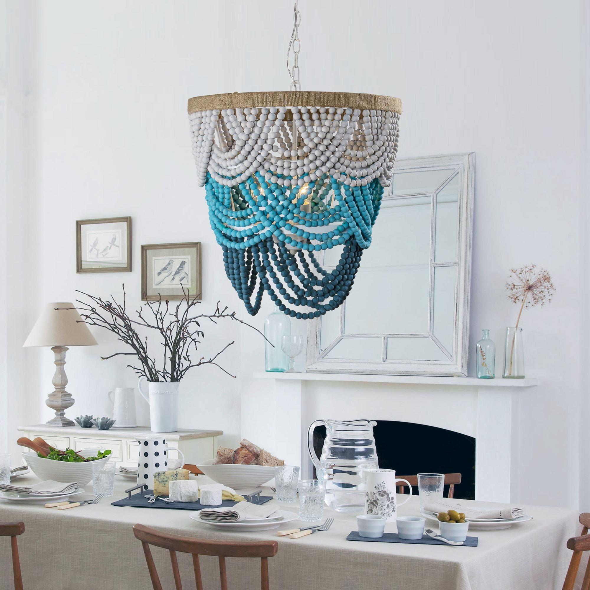 Hatfield 4-Light Bohemian Style Wood Beaded Chandelier - Elegant Ceiling Lighting Fixture for Dining Room, Bedroom or Living Room Decor