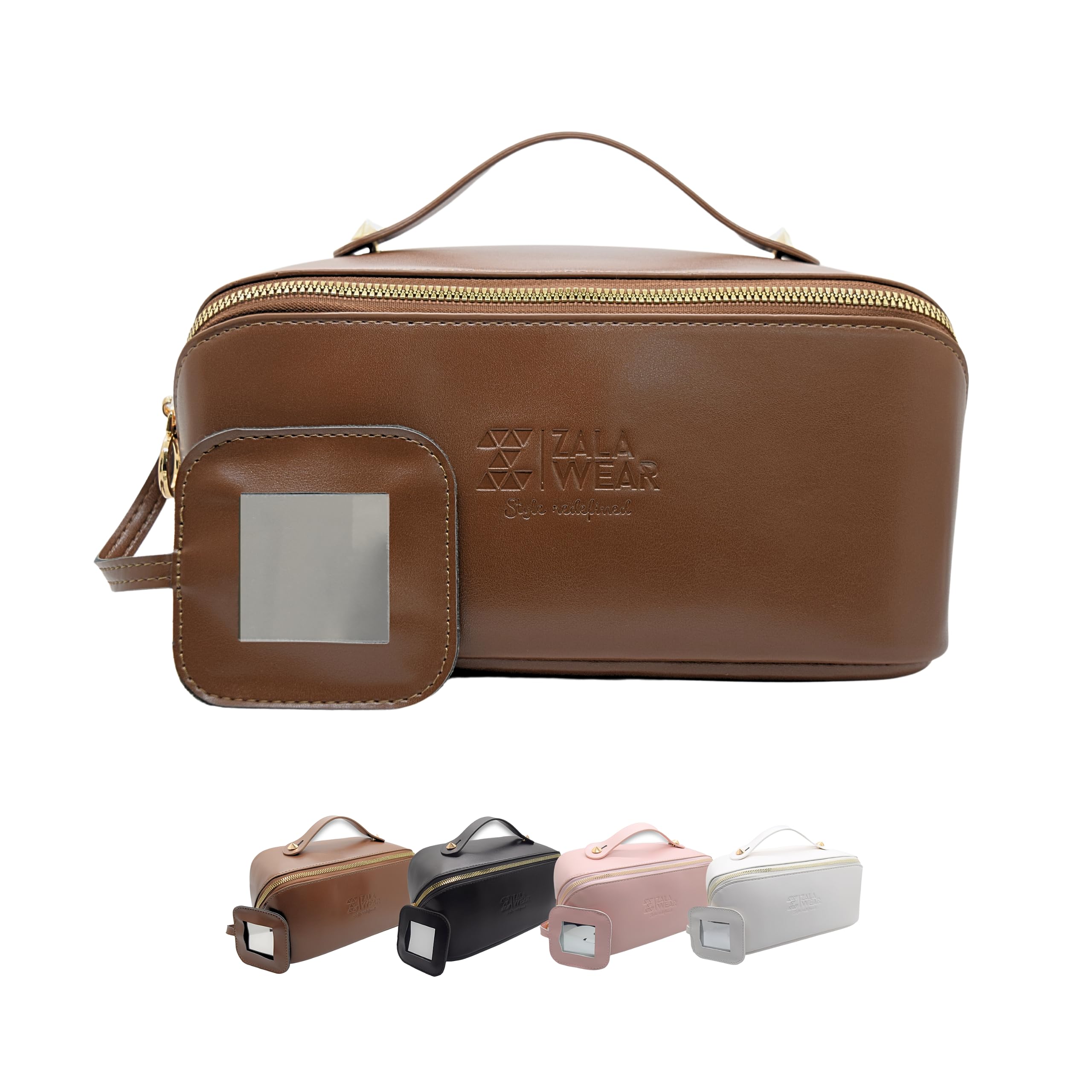 Large Capacity Travel Makeup Bag with Mirror – Faux Leather Cosmetic Organizer for Women – Waterproof Toiletry & Skincare Bag – Perfect for Travel, Gym, and Daily Use (Brown)