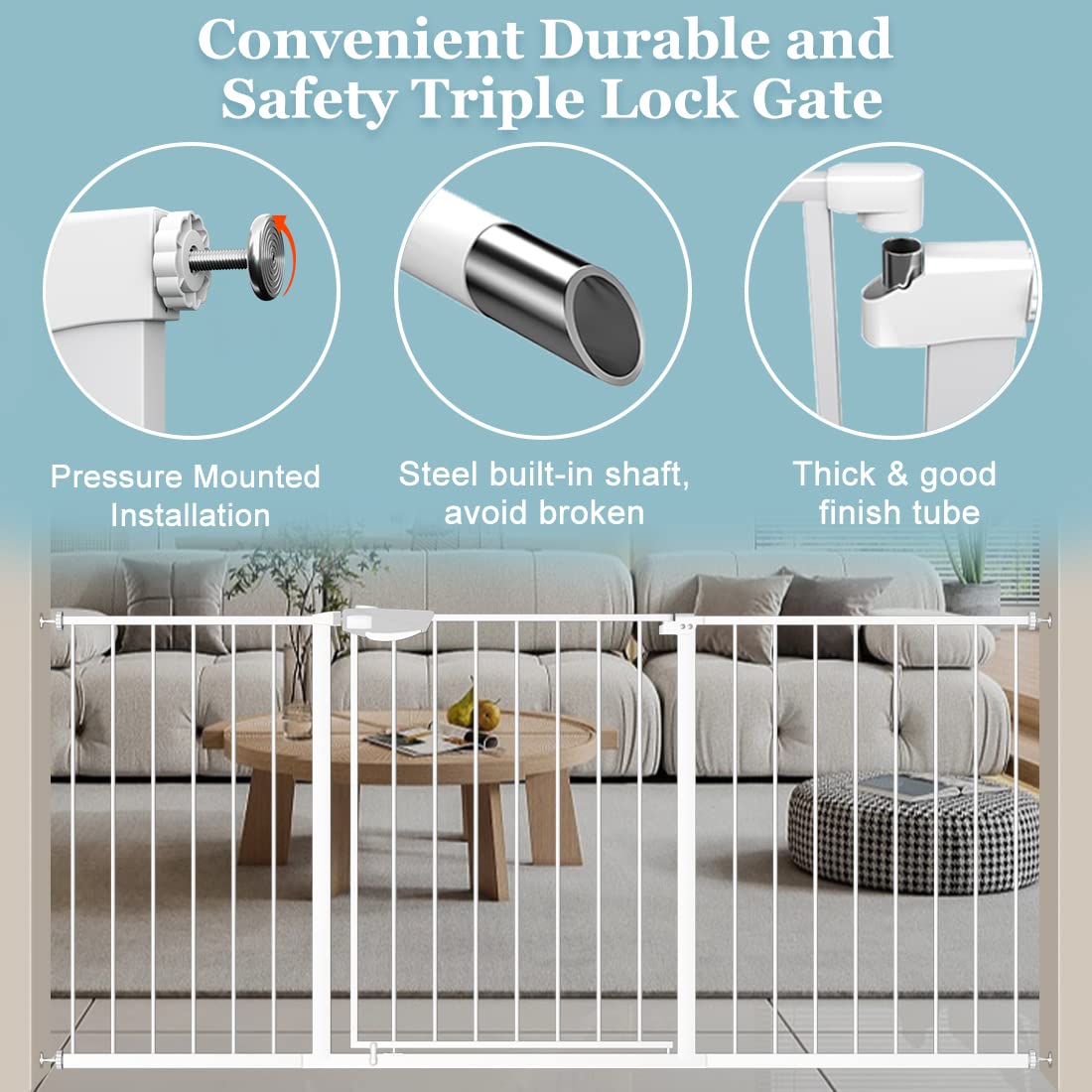WAOWAO Triple Lock Baby Gate Extra Wide 49.21-53.14
