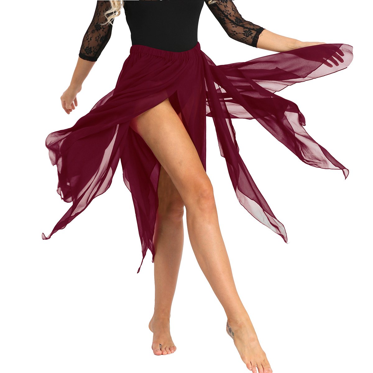 YiZYiF Women's Chiffon Handkerchief Hem Dance Dress - Flowy Asymmetrical Skirt for Ballet, Salsa & Evening Wear - Elegant Party & Performance Outfit