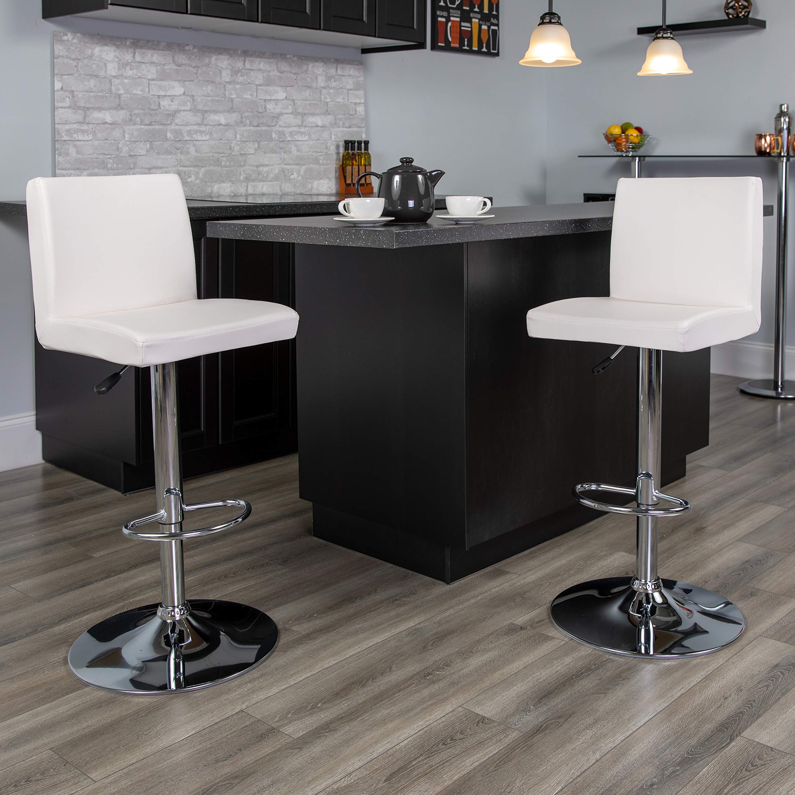 2 Pack White Vinyl Adjustable Height Bar Stools with Panel Back & Chrome Base - Perfect for Kitchen Island, Breakfast Nook & Home Bar Seating
