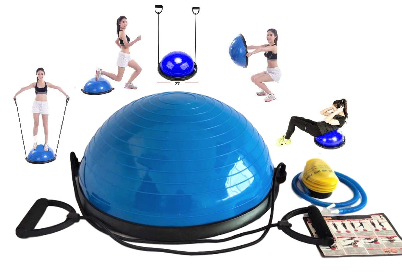 23” Blue Balance Trainer Half Ball - Extra Thick Yoga Stability Ball for Home Workouts & Physical Therapy (Supports 330LB) with Resistance Bands & Foot Pump - Perfect for Yoga, Gym Fitness, Strength Training & Rehabilitation Exercises