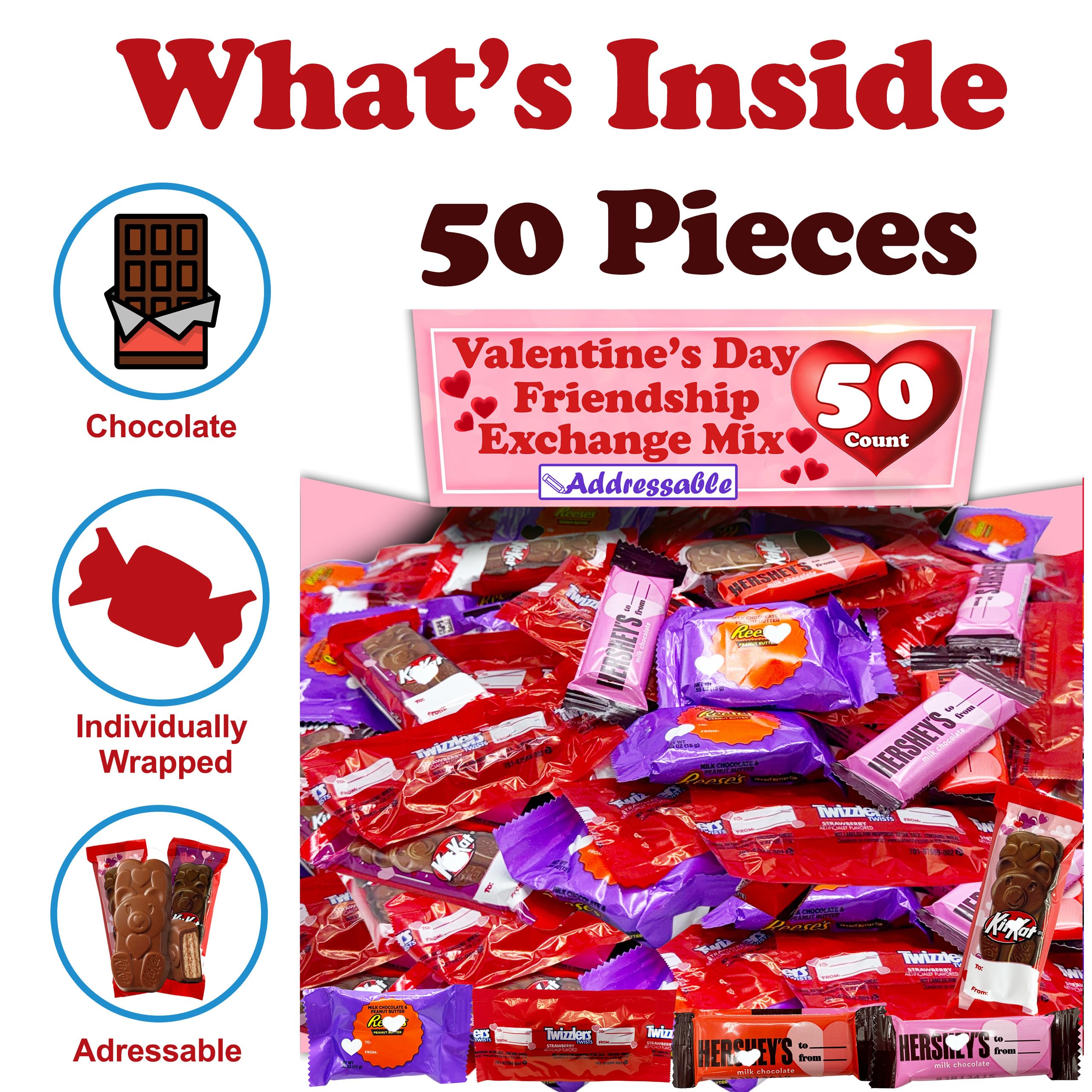 Valentine's Day Candy Assortment - 50 Pc HERSHEY's Snack Size Mix with Milk Chocolate Bars, REESE's Peanut Butter Cups, Bear Shaped Wafers & Twizzlers - Perfect for Classroom Exchanges, Party Favors & Gift Bags
