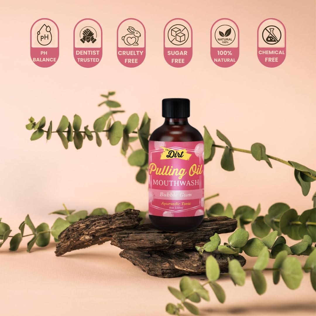 THE DIRT Oil Pulling Mouthwash - Gluten Free, Vegan - Natural Plaque & Tartar Remover, Bad Breath Treatment & Teeth Whitening (Bubblegum Flavor, 4oz) - Perfect for Morning Routine & Oral Detox