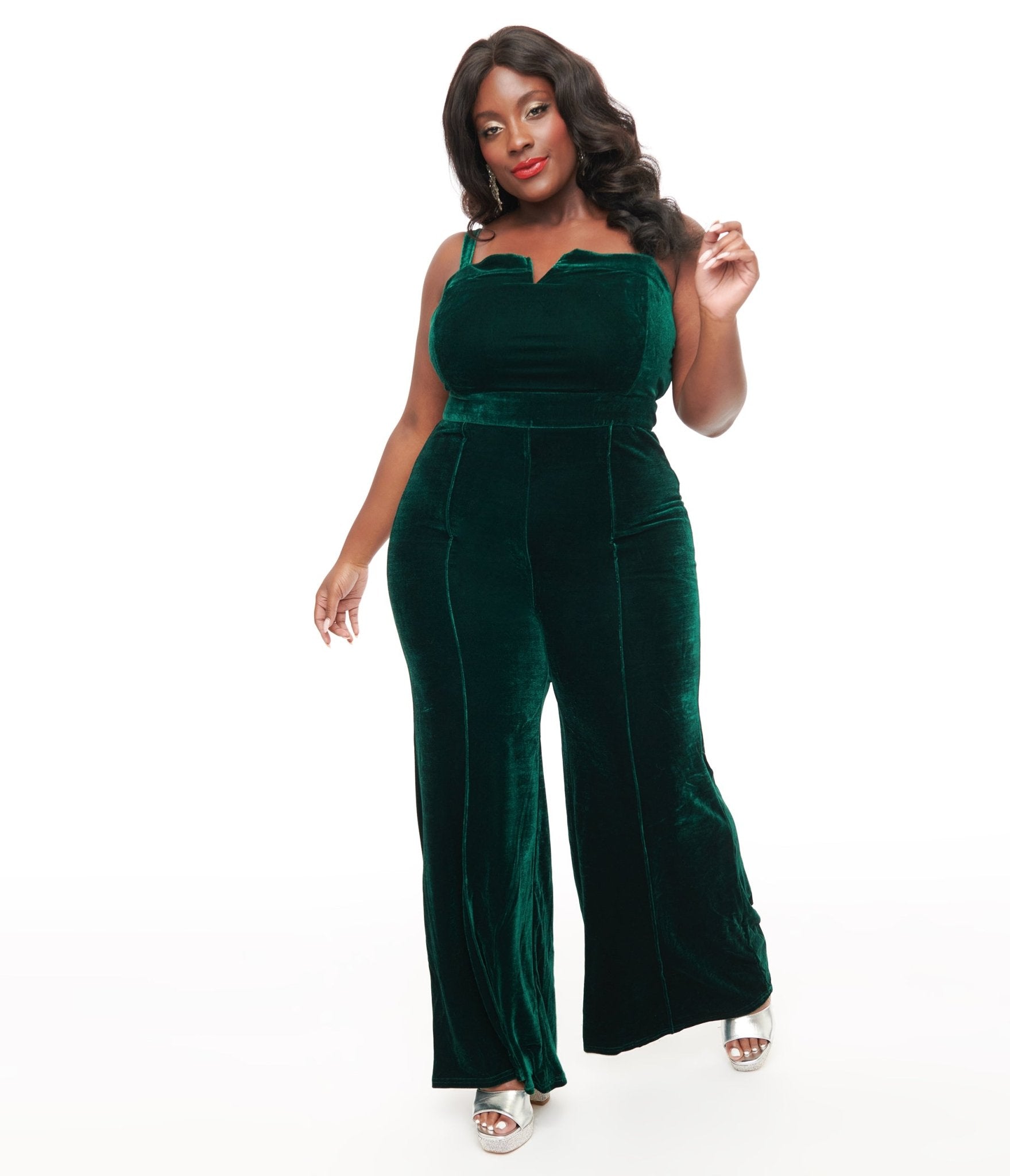 Plus Size Emerald Green Velvet Jumpsuit for Women - Elegant One Piece Romper for Curvy Ladies | Perfect for Parties, Weddings & Special Occasions