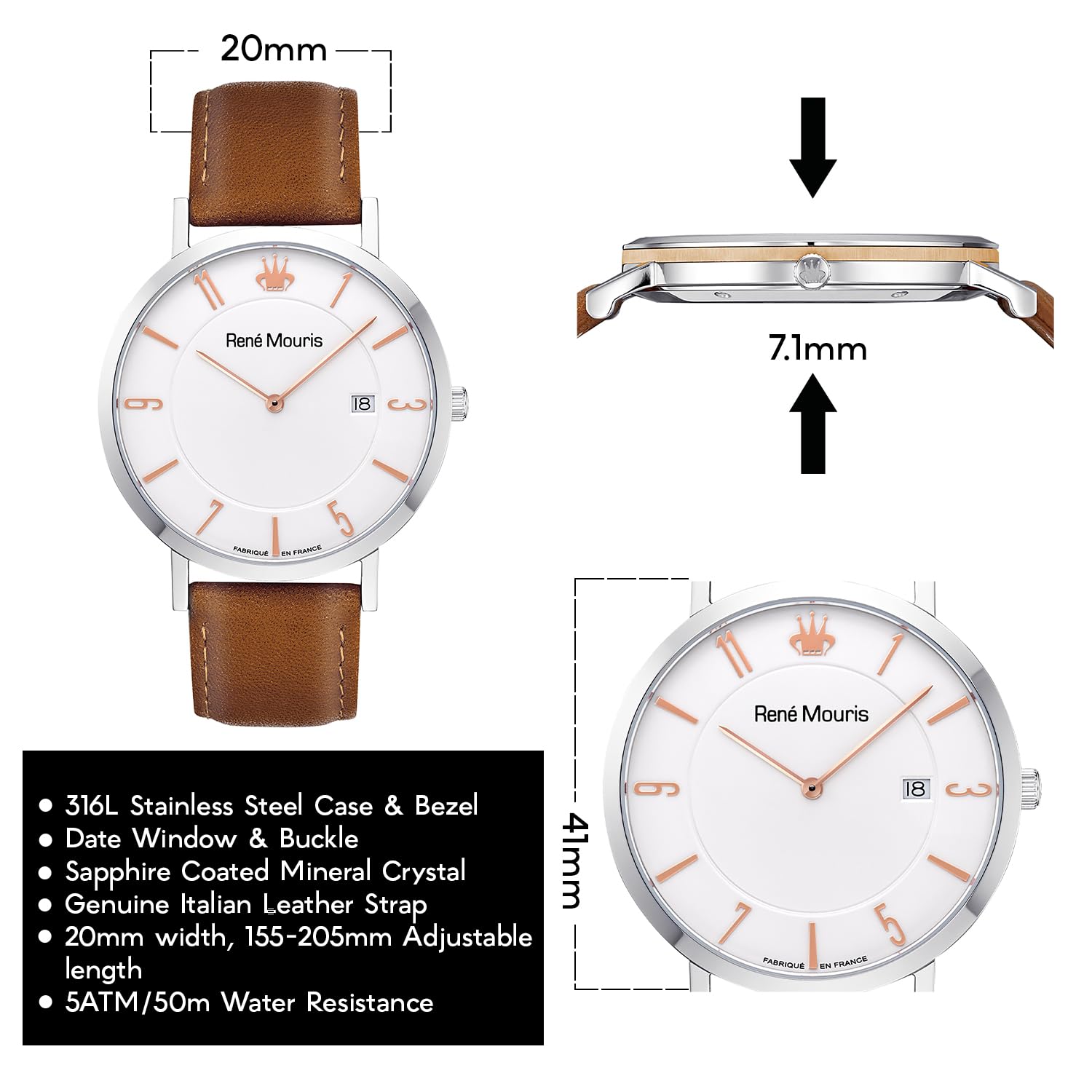 René Mouris L'Emporter Men's Luxury Quartz Watch - 41mm 316L Stainless Steel Case, Sapphire Coated Crystal, 50M Waterproof & Italian Leather Strap - Classic Dress Watch for Business, Formal Events & Everyday Wear