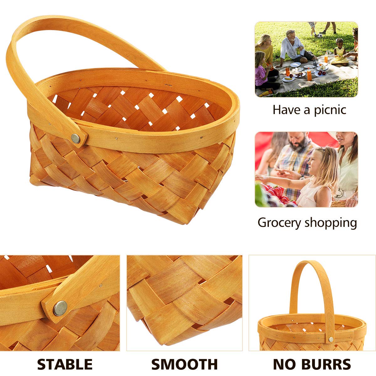 Natural Woven Wooden Picnic Basket with Folding Handles - Easter Basket, Closet Organizer, Bath & Kids Toy Storage - Perfect for Outdoor Picnics, Home Organization & Playroom Storage