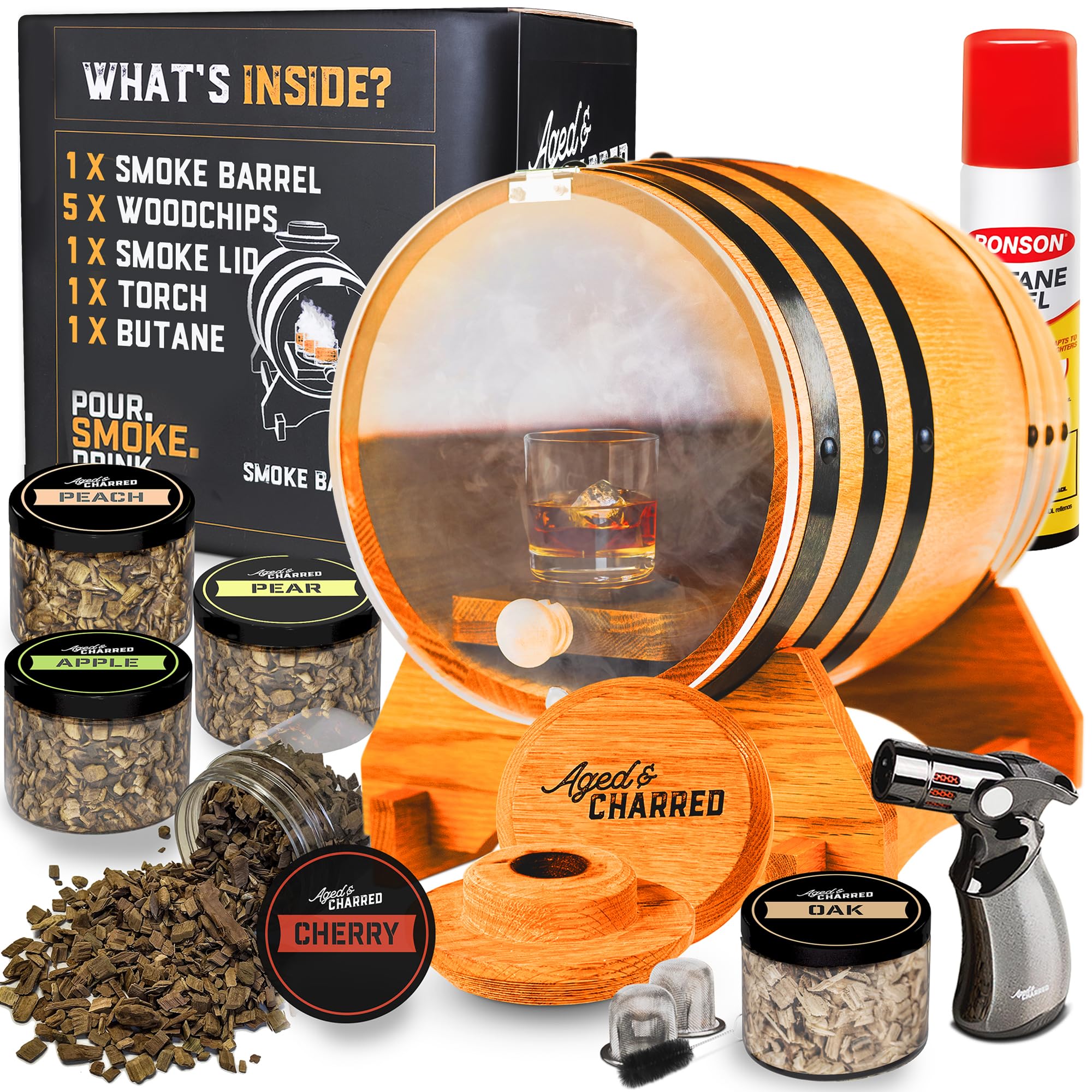 Premium Aged & Charred Smoke Barrel Kit - Cocktail Smoker Set with 4 Wood Chip Flavors (Fruit Blend) - Perfect for Home Bars, Mixology & Entertaining