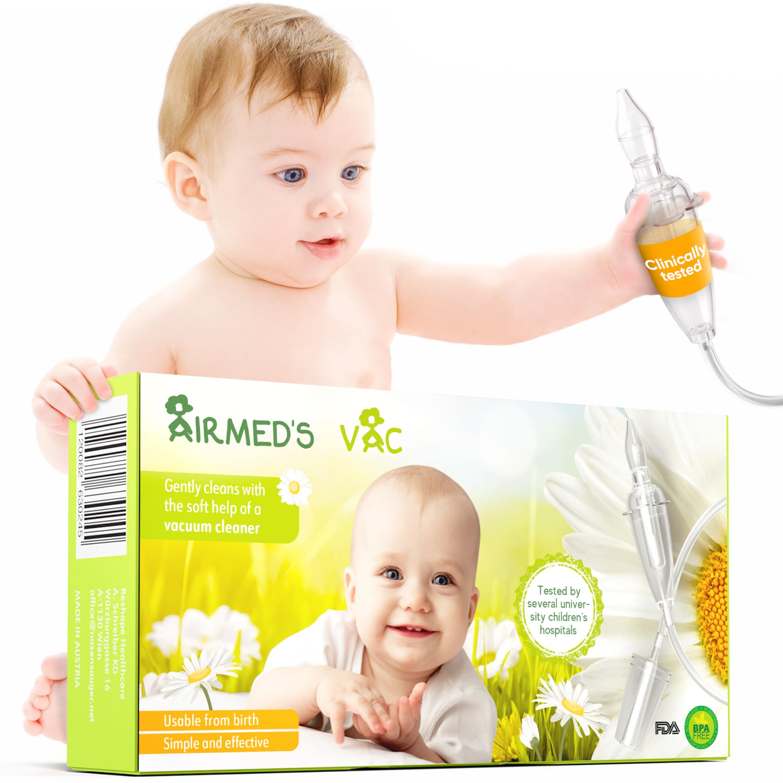 **Airmed's Vac Nasal Aspirator for Babies – Clinically Tested, Safe & Gentle Baby Nose Sucker with 2 Suction Heads & Cleaning Brush | Powerful Vacuum-Like Suction for Newborns & Infants | Perfect for Congestion Relief & Comfortable Breathing**