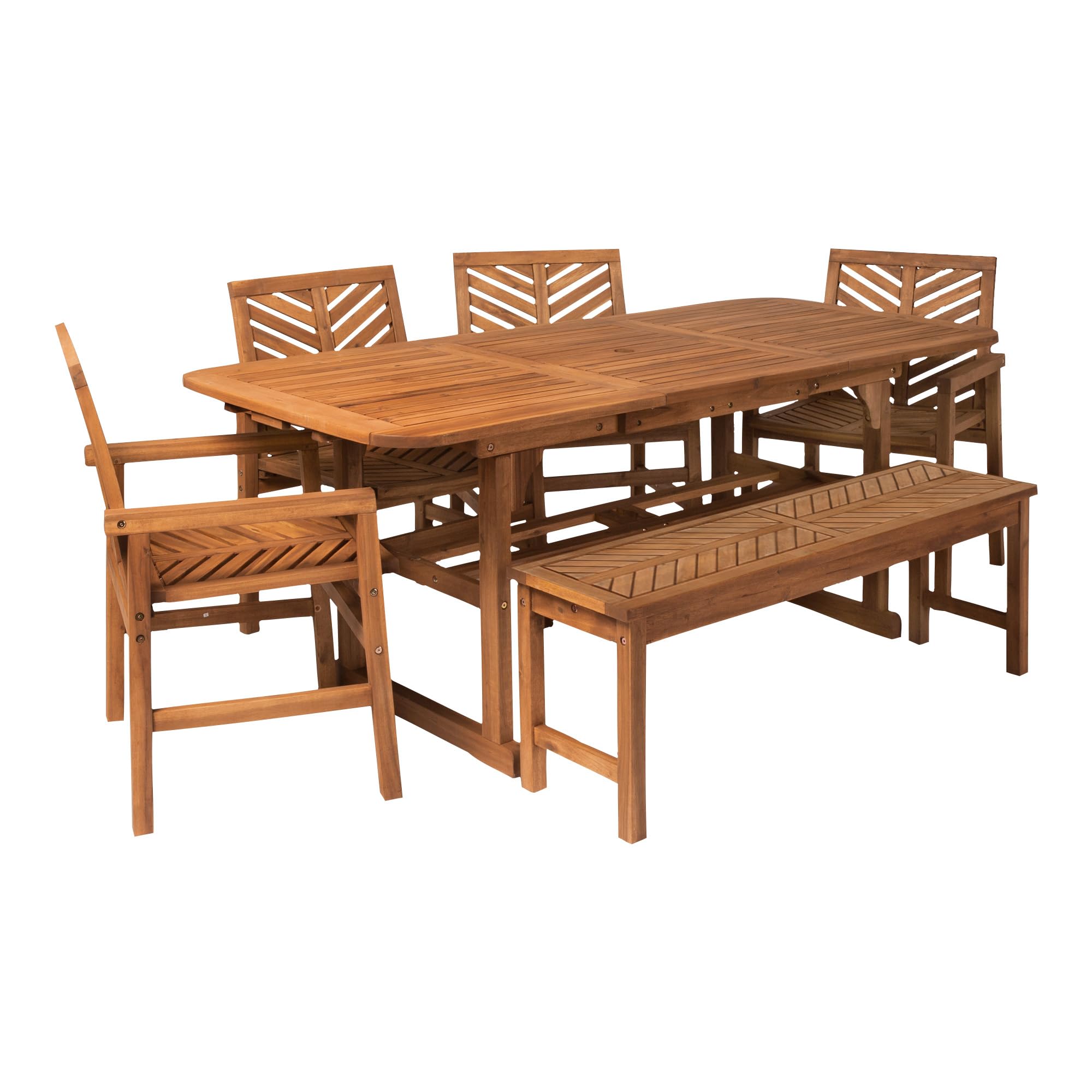 Walker Edison 7-Piece Outdoor Wood Chevron Patio Dining Set - Extendable Table, 4 Chairs & Bench - All-Weather Brown Furniture for Backyard, Garden, Poolside, Balcony - Perfect for Outdoor Entertaining & Family Gatherings