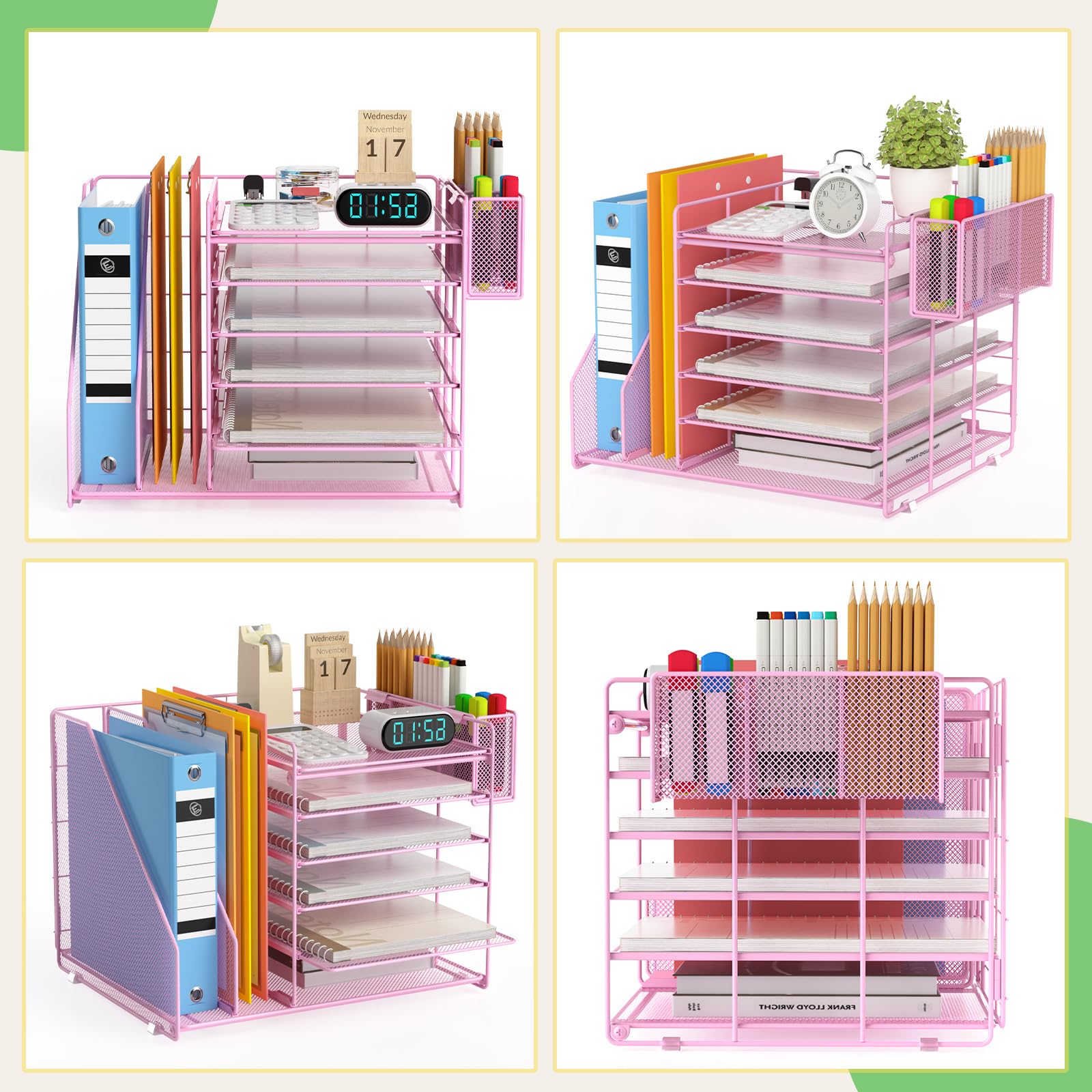 6-Tier Mesh File Organizer for Desk with File & Pen Holder - Office Desk Accessories & Workspace Organizer (Pink) - Perfect for Home Office, School & Workspace Organization