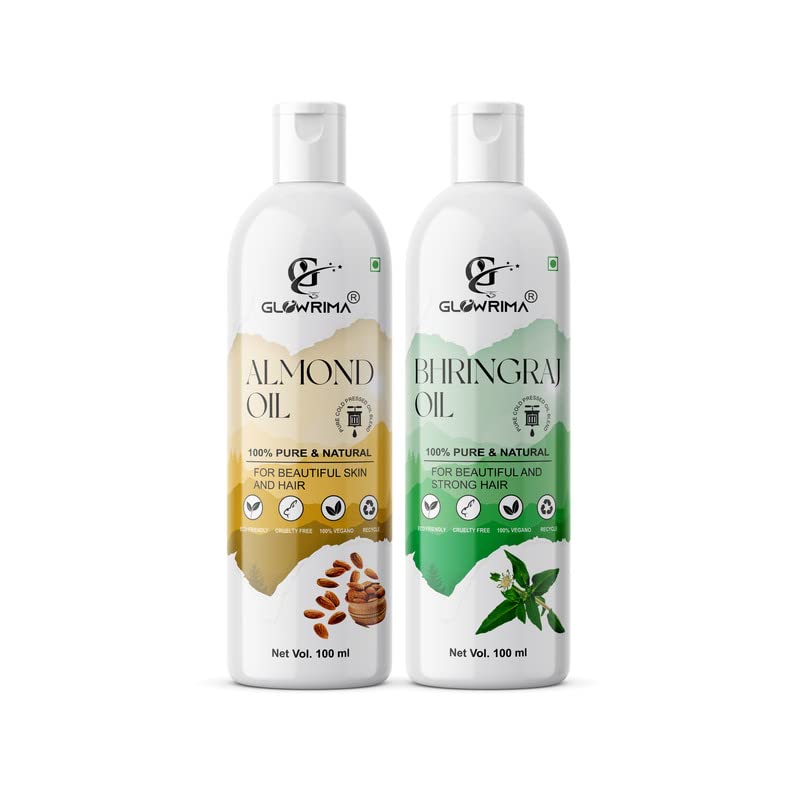 Glowrima 100% Pure Almond Oil & Bhringraj Oil Combo (100ML Each) for Hair Growth, Anti Hair Fall, Split Ends Treatment - Promotes Soft, Shiny Hair - Pack of 2 - Perfect for Daily Hair Care & Scalp Massage