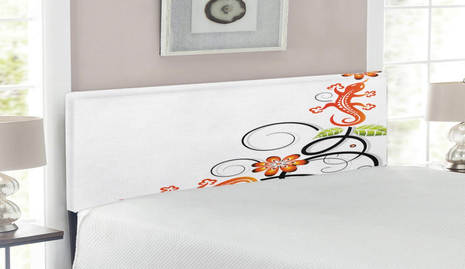 Ambesonne Tribal Upholstered Headboard - Queen Size Bed Frame with Memory Foam, Small Lizard Flowers & Leaves Oriental Print in Orange White Black | Modern Bedroom Decor for Master & Guest Rooms