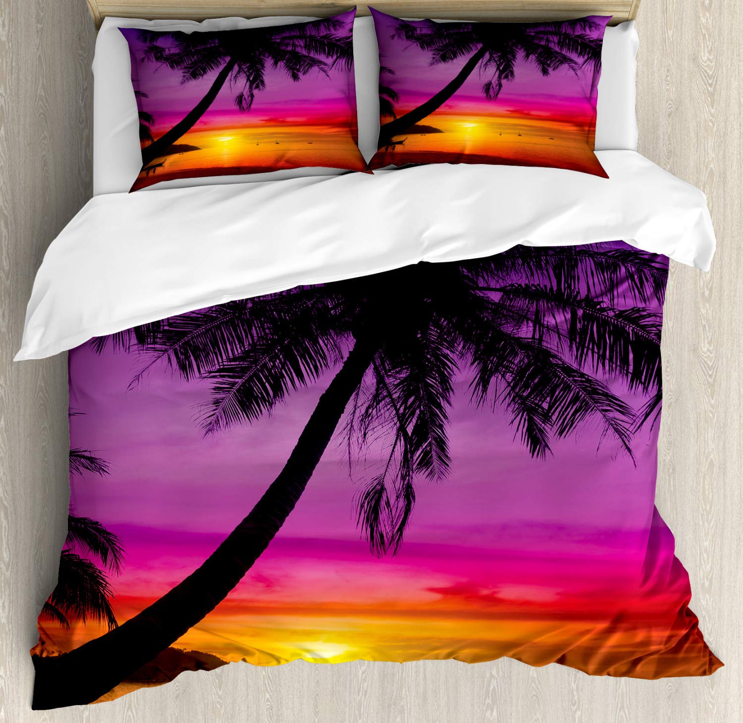 Ambesonne Tropical Duvet Cover Set - Queen Size 3-Piece Bedding with 2 Pillow Shams, Palm Tree Silhouette Beach Sunset Design in Purple Orange & Black | Perfect for Summer Bedroom Decor, Coastal Theme Rooms & Vacation Home Styling