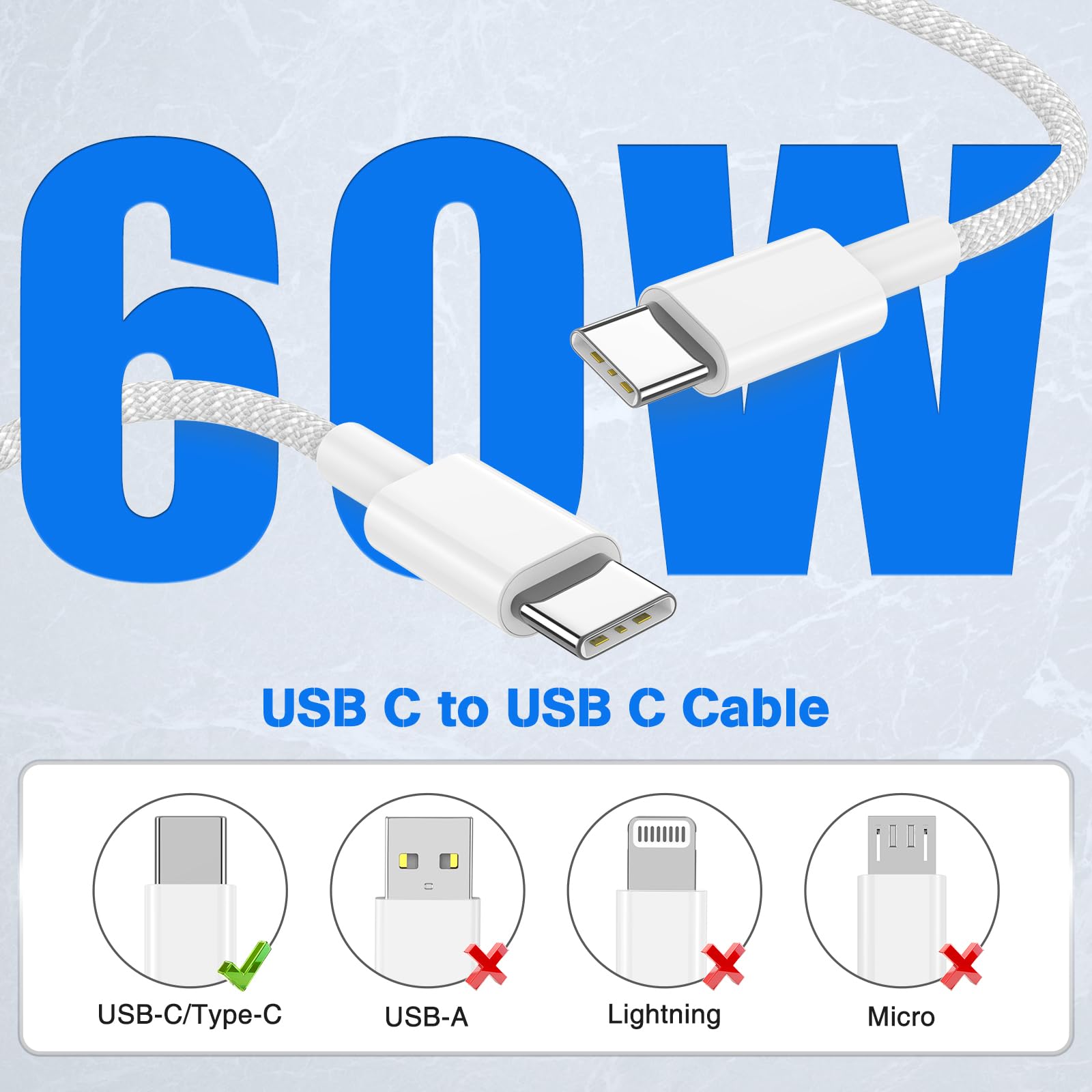 3-Pack 60W USB C to USB C Fast Charging Cable 3ft Braided for iPhone 16/15/15 Pro/15 Pro Max/15 Plus, iPad Pro/Air 4/5/Mini 6, MacBook Air - Durable & High-Speed Charging for Home, Office & Travel