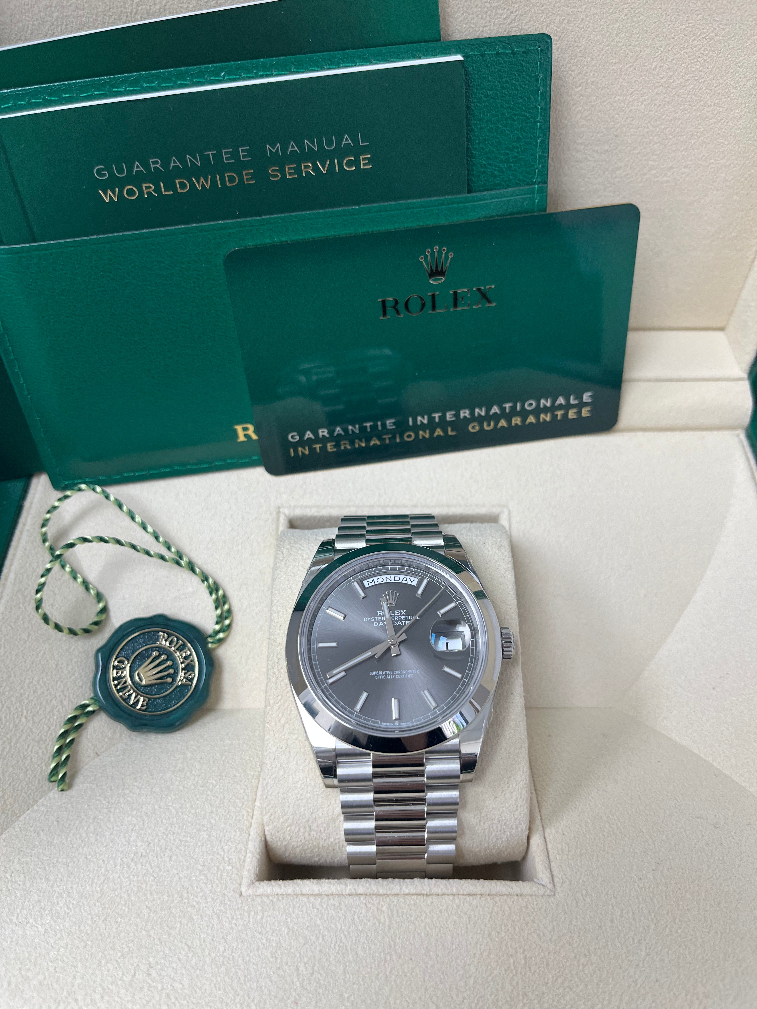 Rolex Day Date 40mm Platinum Watch with Grey Dial & Smooth Bezel - Ref.228206 | Luxury Dress Watch for Business & Formal Occasions