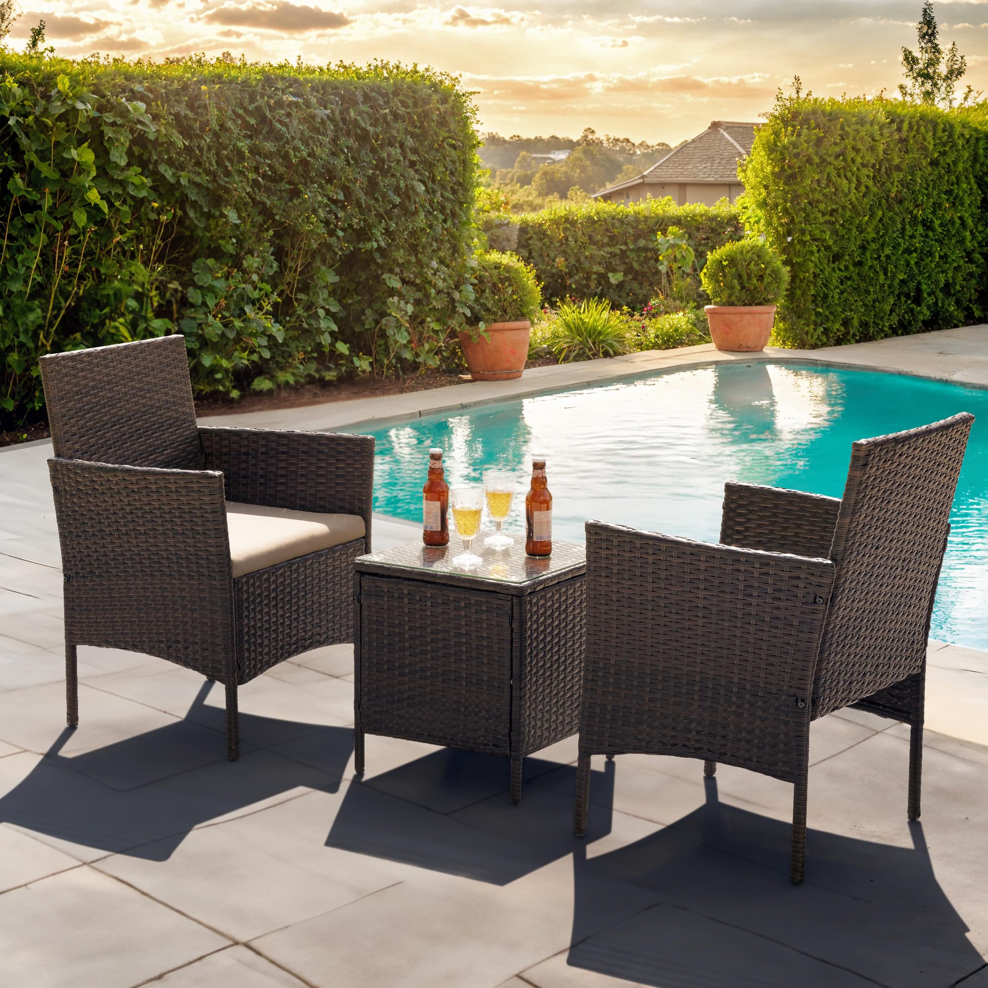 Flamaker 3-Piece All-Weather Rattan Patio Furniture Set with Tempered Glass Table - Outdoor Bistro Chairs for Porch, Balcony, Garden (Brown/Cream) - Perfect for Relaxing, Entertaining & Outdoor Dining