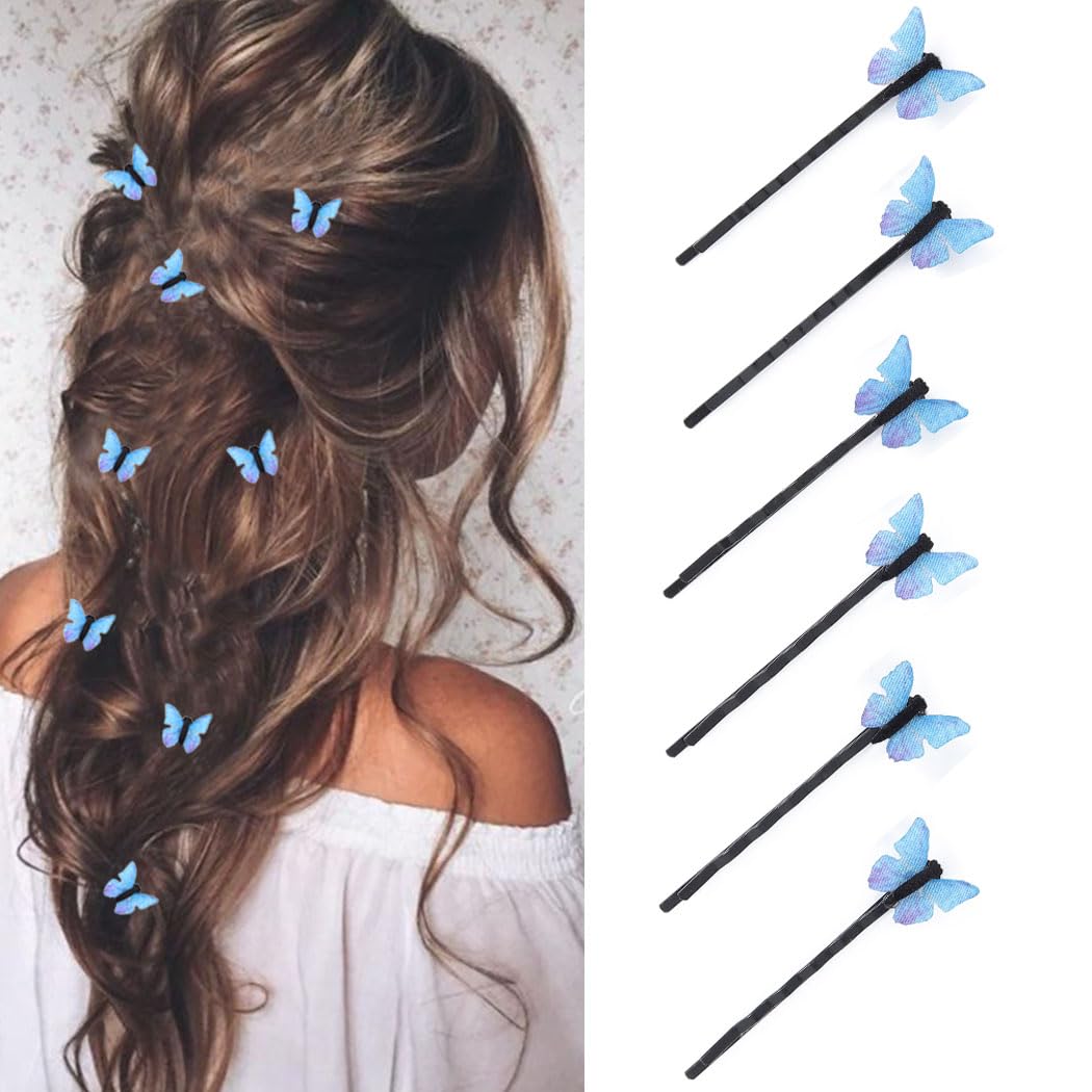Elegant Blue Butterfly Hair Clips for Women & Girls - 6 Pack Wedding Hair Accessories, Bridal Bobby Pins, Decorative Hair Pins for Bride, Prom, Party & Special Occasions