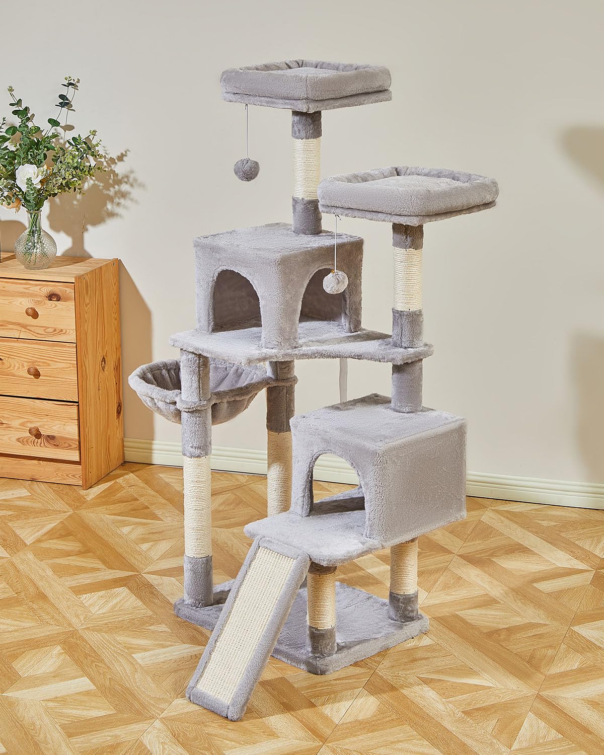 Taoqimiao 56.3-Inch Cat Tree with Scratching Posts - Multi-Level Cat Tower for Indoor Cats Featuring Hammocks, Toys, Condo & Large Scratch Board in Light Gray (MS012W) - Perfect for Small Spaces, Apartments & Playful Kittens