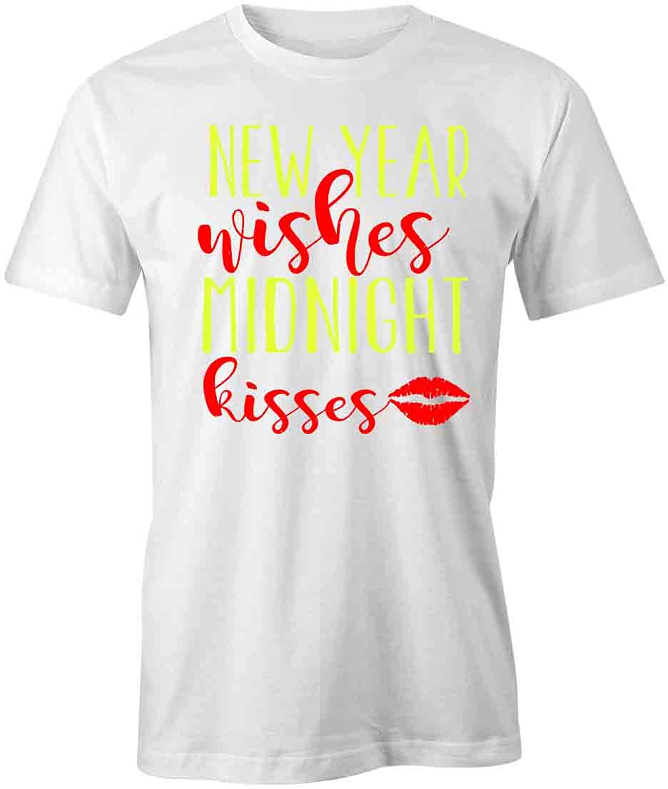 New Year Wishes Midnight Kisses Graphic T-Shirt | Printed White Cotton Tee for Couples, Parties & Festive Celebrations