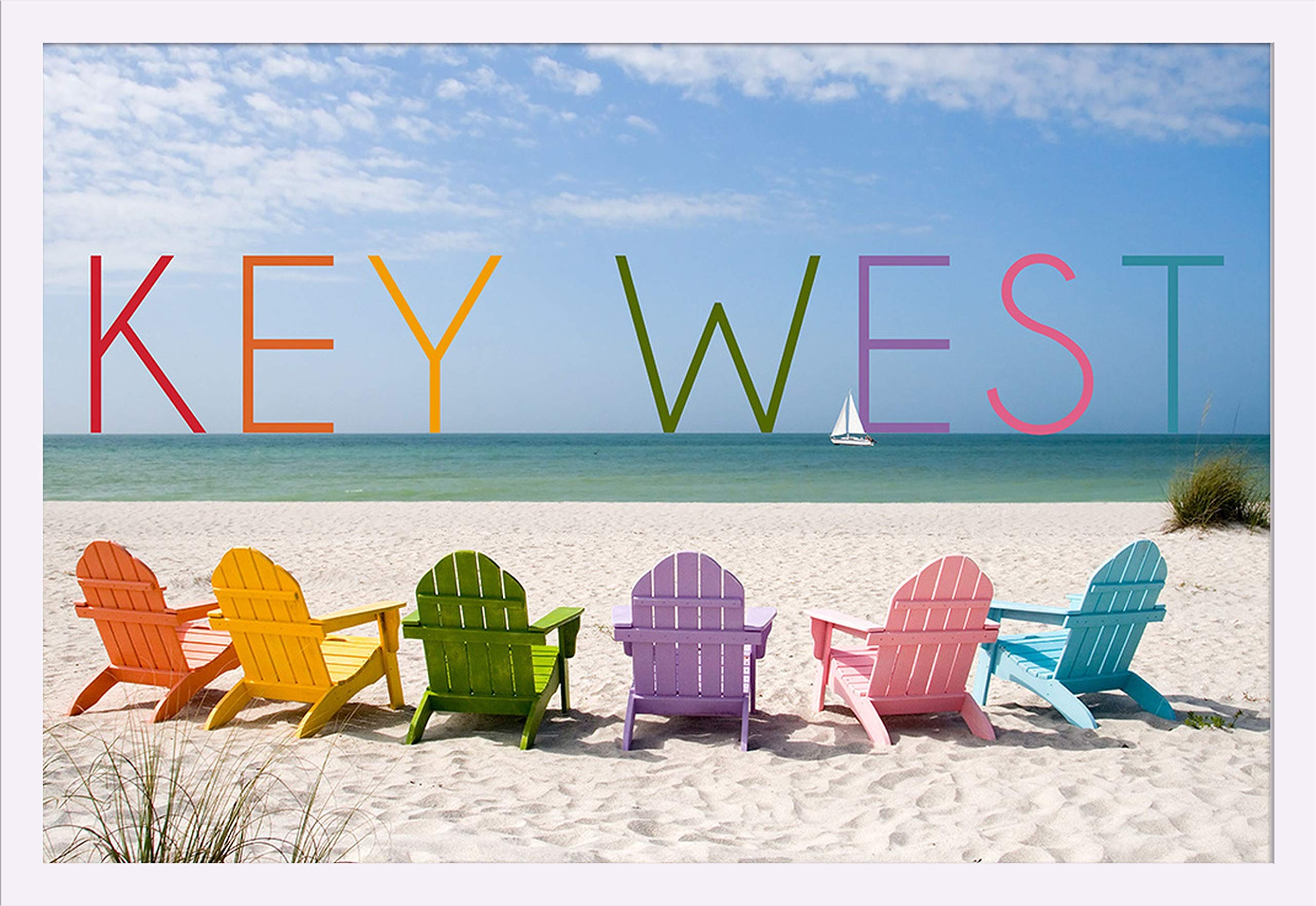 Key West Florida Colorful Beach Chairs 36x24 Giclee Art Print - Gallery Framed White Wood Wall Decor - Perfect for Coastal Living Room, Beach House & Vacation Home Decor