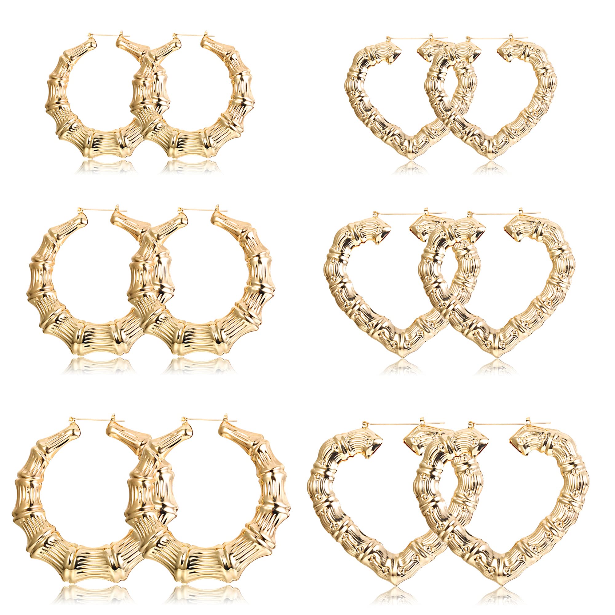 Fansilver 6-10 Pairs Bamboo Hoop Earrings Set for Women - Hollow Casting Oversized Gold Hip Hop Earrings - Fashion Rapper Jewelry Accessories - Perfect for Concerts, Parties, and Everyday Stylish Outfits