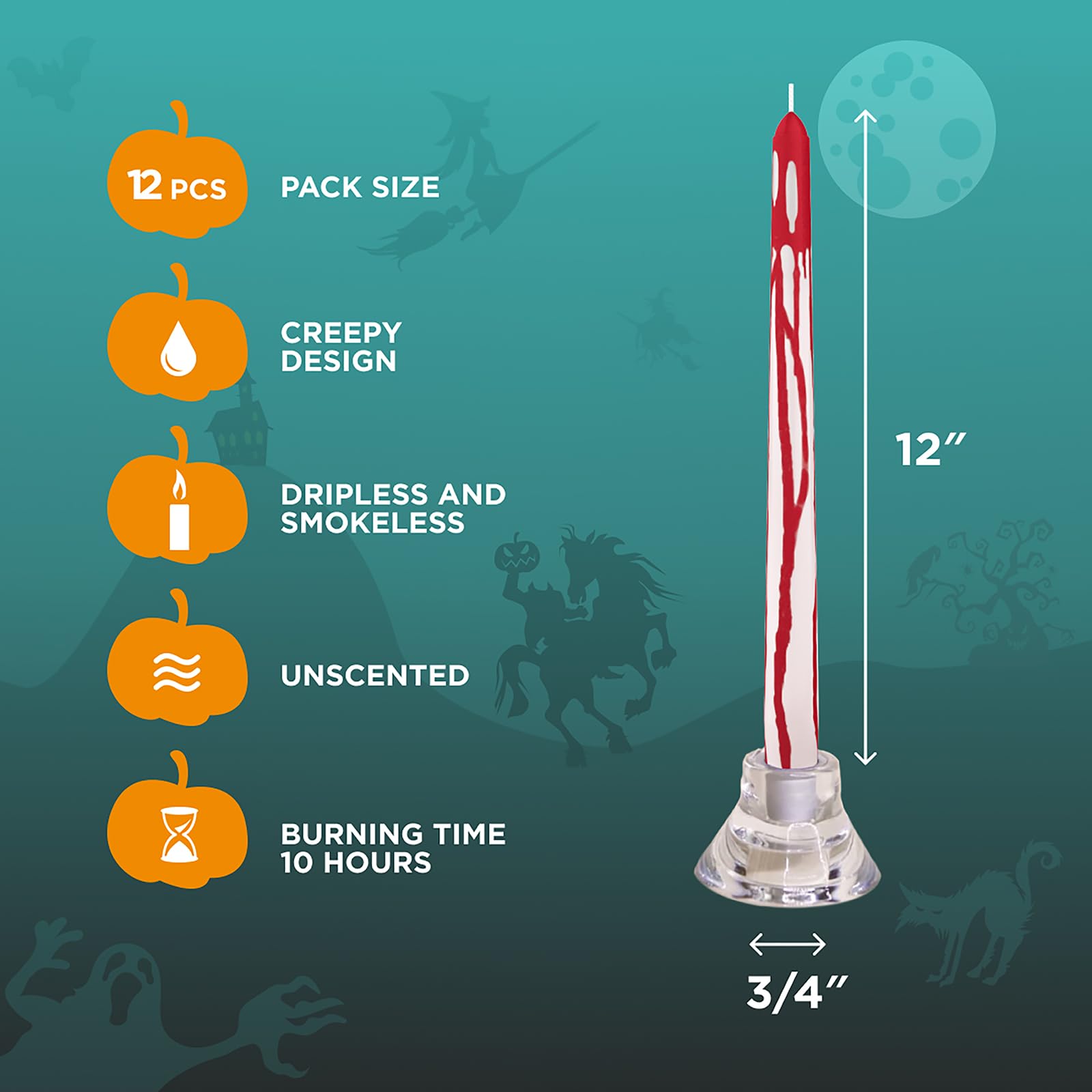 CANDWAX 12 Inch Unscented Taper Candles - Set of 12, 10-Hour Burn Time, No Drip Design - Perfect for Halloween Decor, Dinner Parties, Wedding Centerpieces & Holiday Celebrations - Blood Red & White Candles