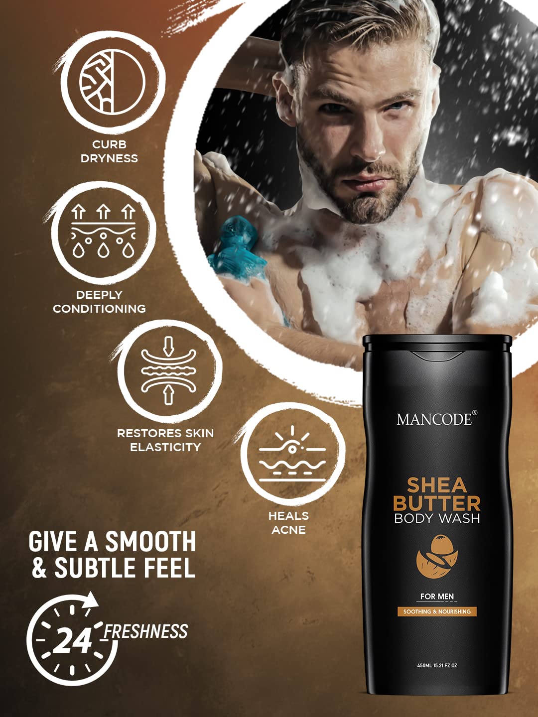 Mancode Shea Butter Body Wash for Men - 450ml Moisturizing Shower Gel with Natural Oils & Shea Butter | Oil Control & Odor Protection | Face & Body Cleanser | Perfect for Gym, Travel & Daily Use (Pack of 1)