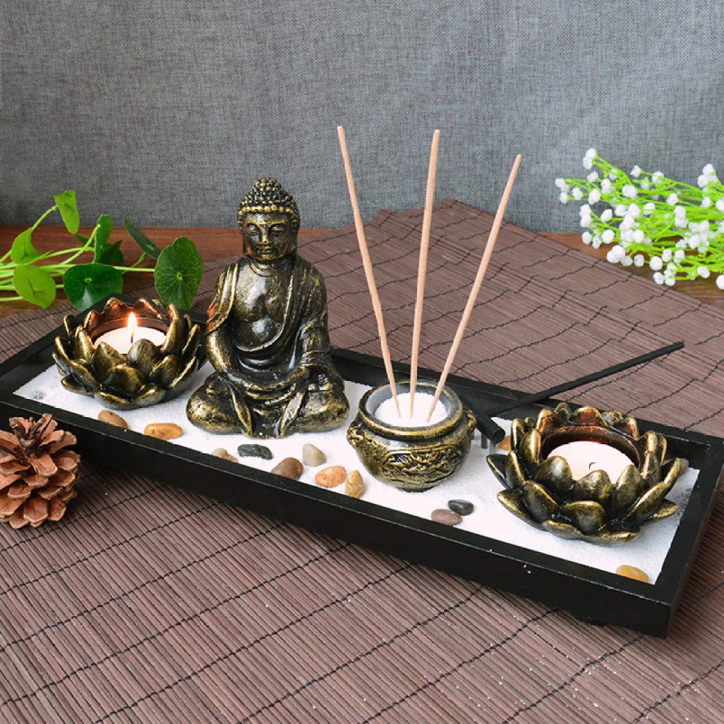 Zen Meditation Garden Set with Resin Buddha Statue, Lotus Candle Holder & Incense Stick - Desktop Decor for Stress Relief, Office Relaxation & Mindful Meditation Practice