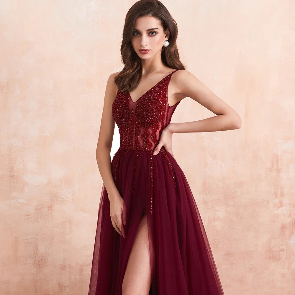 Elegant Sexy Dark Burgundy V-Neck Crystal Beaded Formal Prom Gown for Women - Perfect for Evening Parties, Weddings & Special Occasions