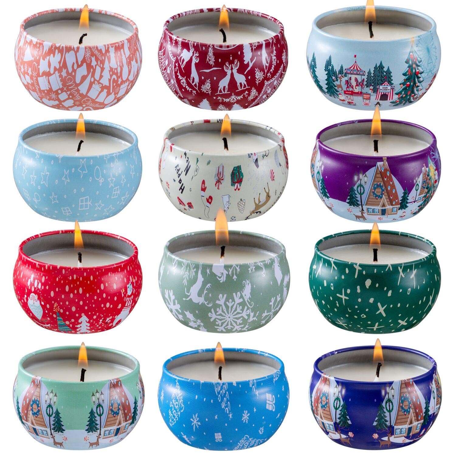 YIH Christmas Scented Candles Gift Set - 12 Pack Natural Soy Wax Candles (2.5oz Each) in Portable Travel Tins | Perfect Holiday Gifts for Women, Anniversary, Home Decor & Relaxation | Great for Christmas Decorations, Romantic Dinners & Spa Nights