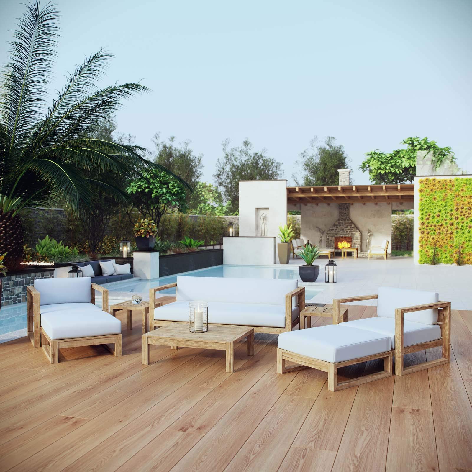 Modern Contemporary Outdoor Patio Balcony Lounge Chair Set with Sofa & Table - White Natural Wood - Perfect for Garden, Poolside & Backyard Relaxation