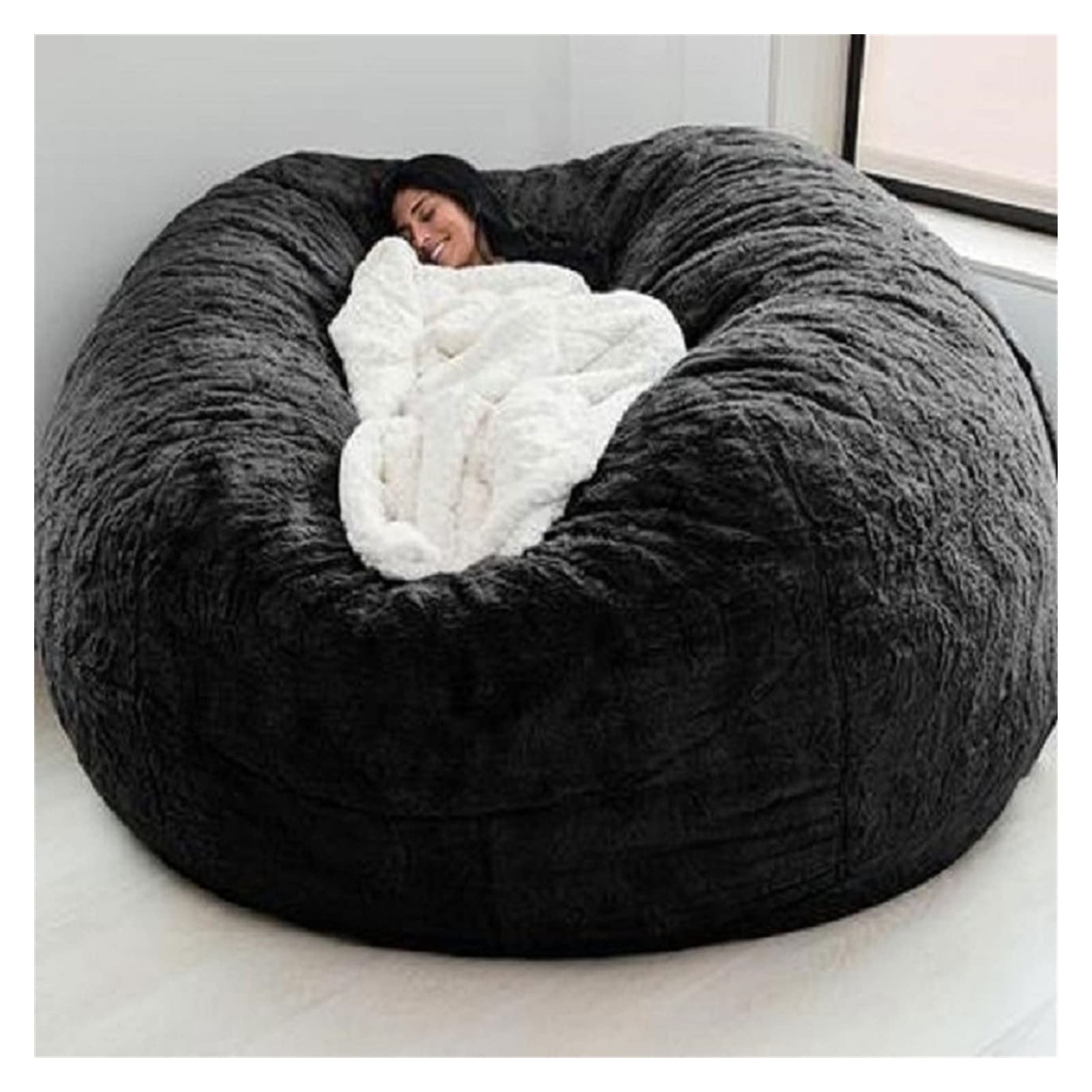 7ft Giant Bean Bag Chair Cover - Soft Fluffy Oversized Round Lazy Sofa Plush Beanbag for Kids, Teens & Adults - Durable Comfortable No Filler (Black) - Perfect for Living Room, Bedroom, Game Room & Dorm Decor