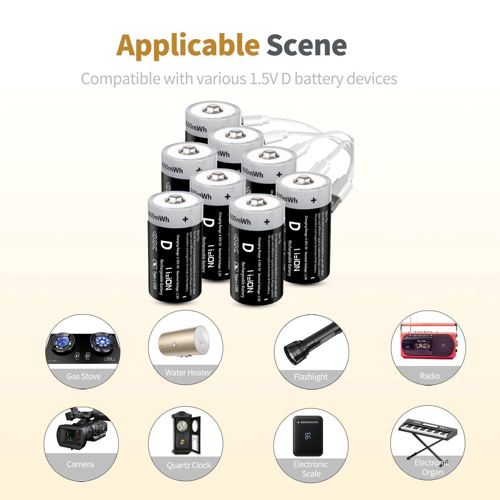 Rechargeable D Batteries 1.5V 5600mWh - 4 Pack Lithium-ion D Cell Batteries with USB-C Charger | 1000 Charge Cycles | for Flashlights, Camping Gear, Emergency Kits & Home Appliances