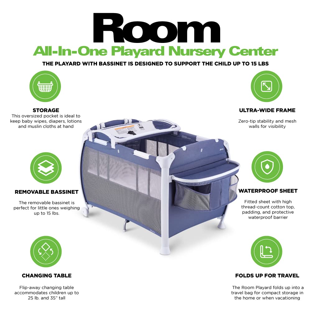 Joovy Room-Playard - Portable Baby Playpen with Bassinet, Changing Table & Nursery Center in Slate Gray | Perfect for Home, Travel & Daycare Use