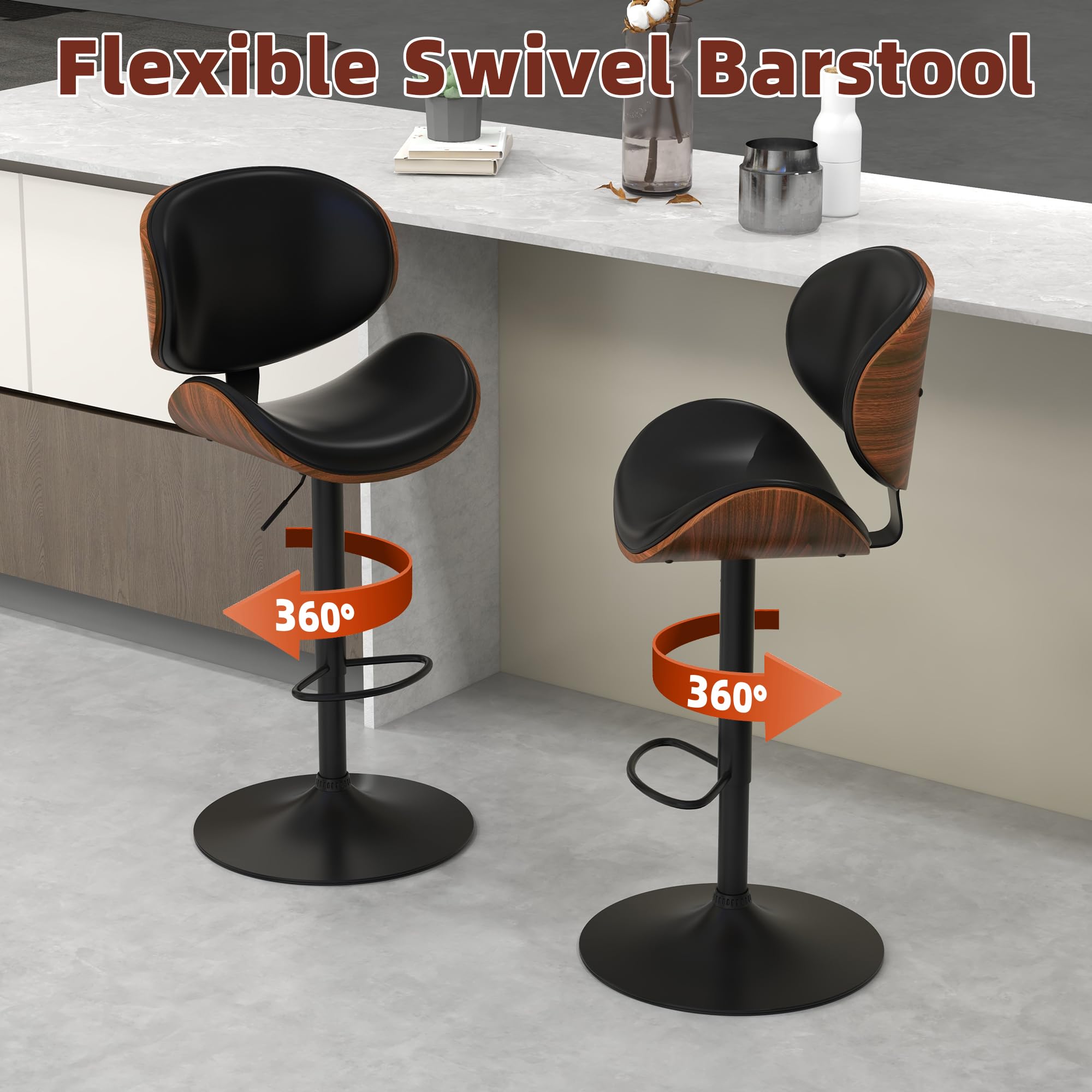 Civama 4-Piece Adjustable Swivel Bar Stool Set - Modern Kitchen Counter Height Stools with Bentwood Seat, Backrest & Footrest - PU Leather Bar Chairs for Kitchen Island, Dining Room, Restaurant & Home Bar Use